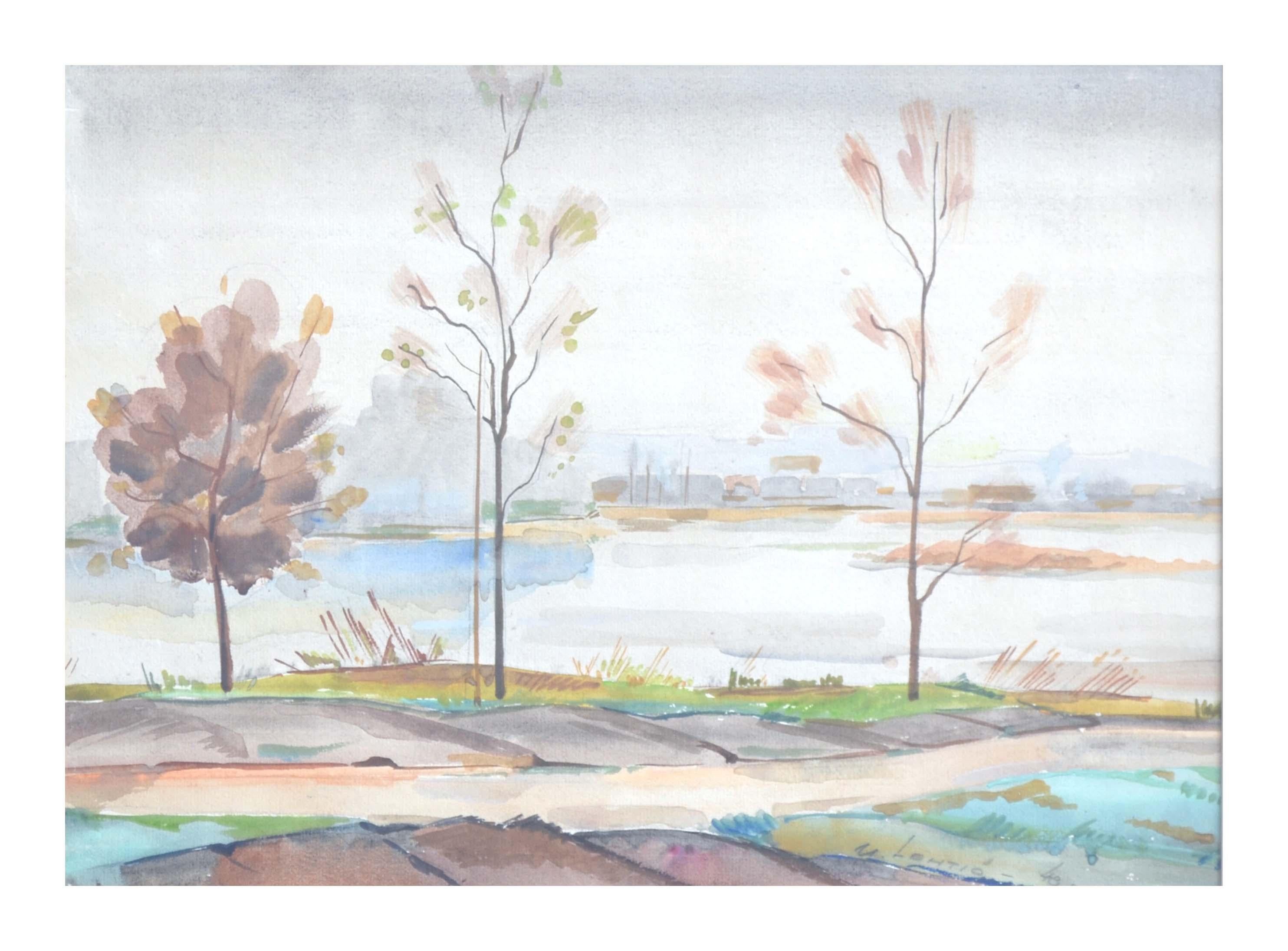 Paysage minimaliste mi-siècle moderne - arbres d'automne - Impressionnisme américain Painting par M. Lehtio