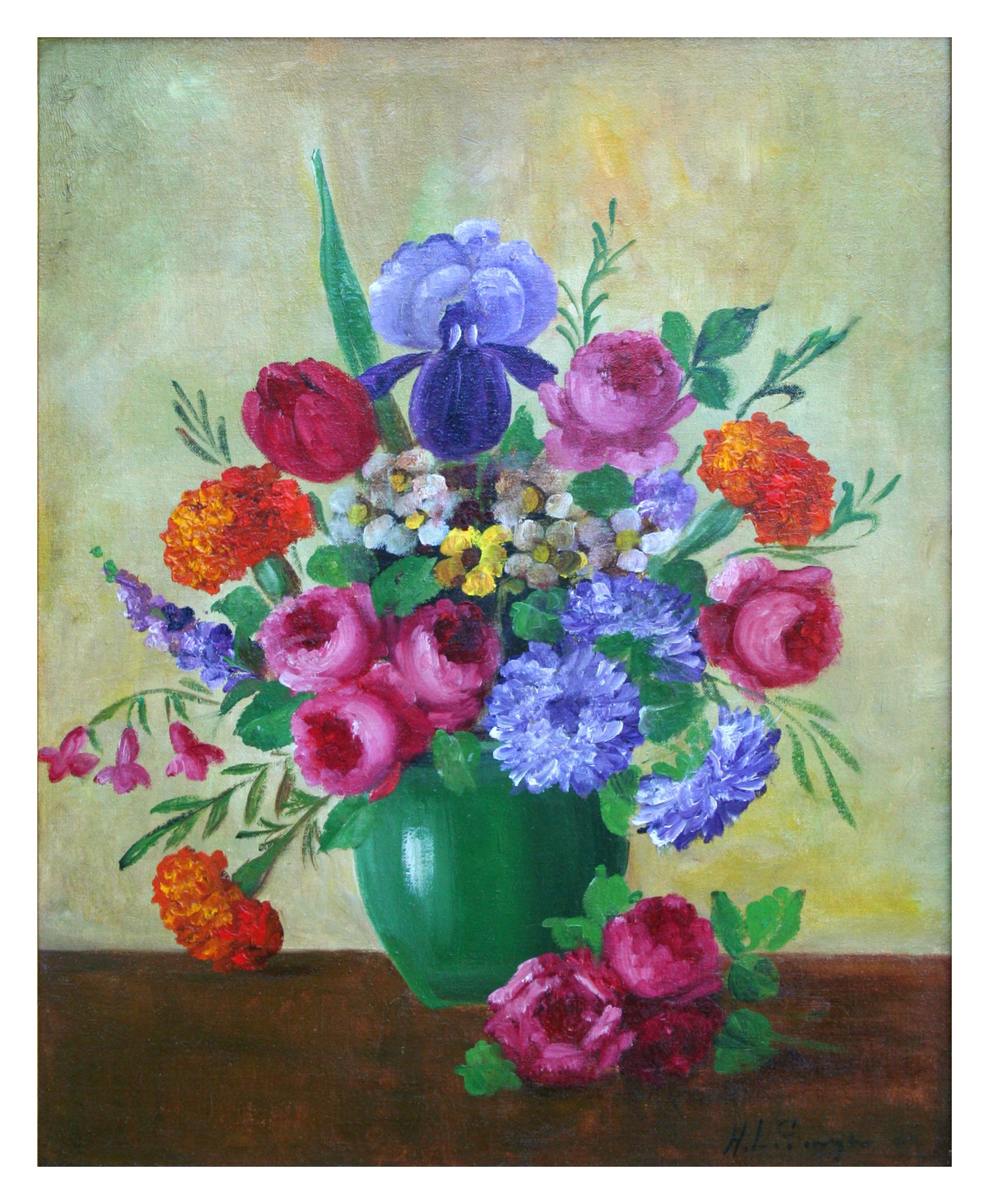 Early 20th Century Vibrant Roses & Iris Bouquet Still-Life - Painting by Henry Leon Sanger