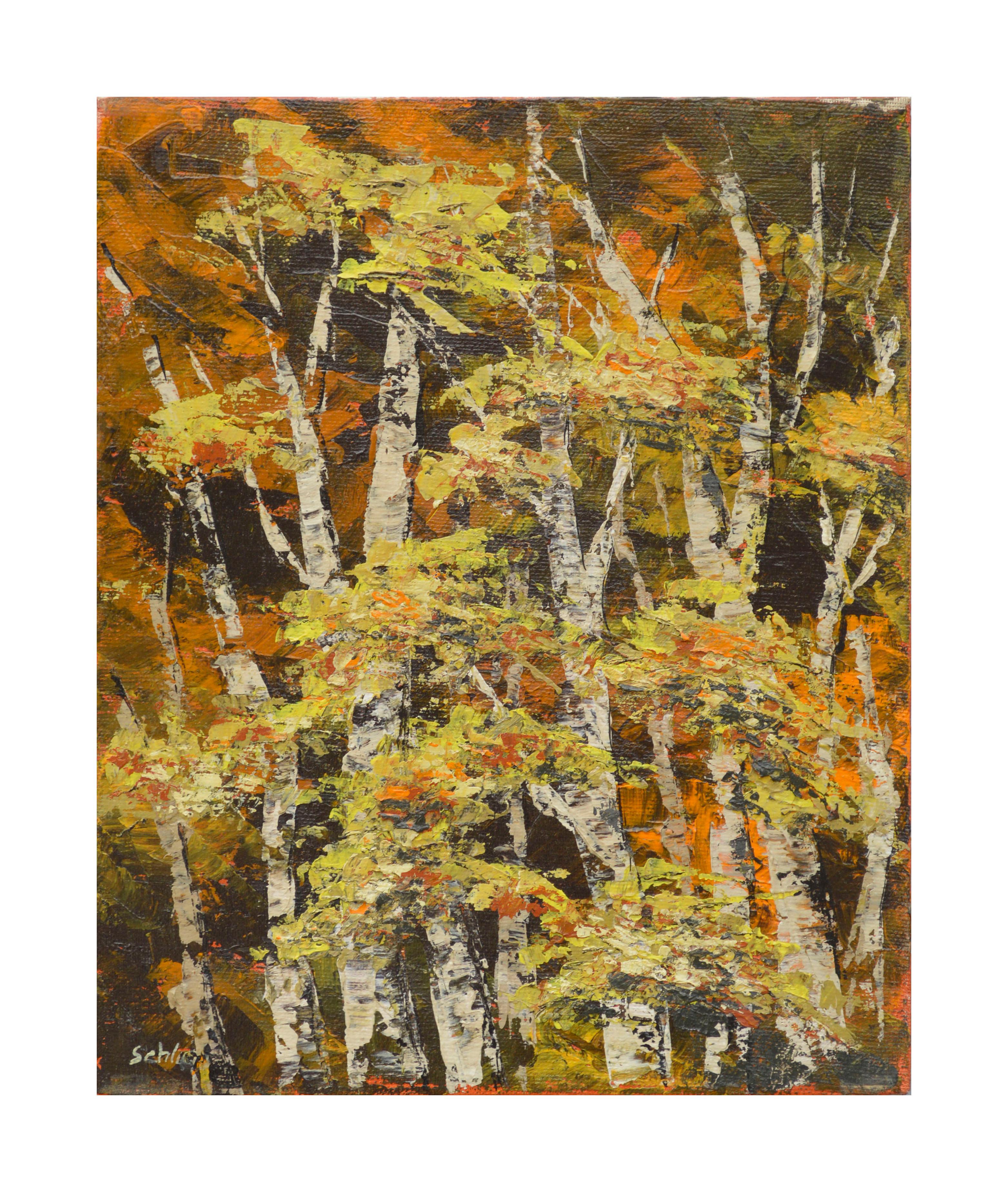 Ed Schlick Landscape Painting - Mid Century Birch Trees Abstracted Landscape