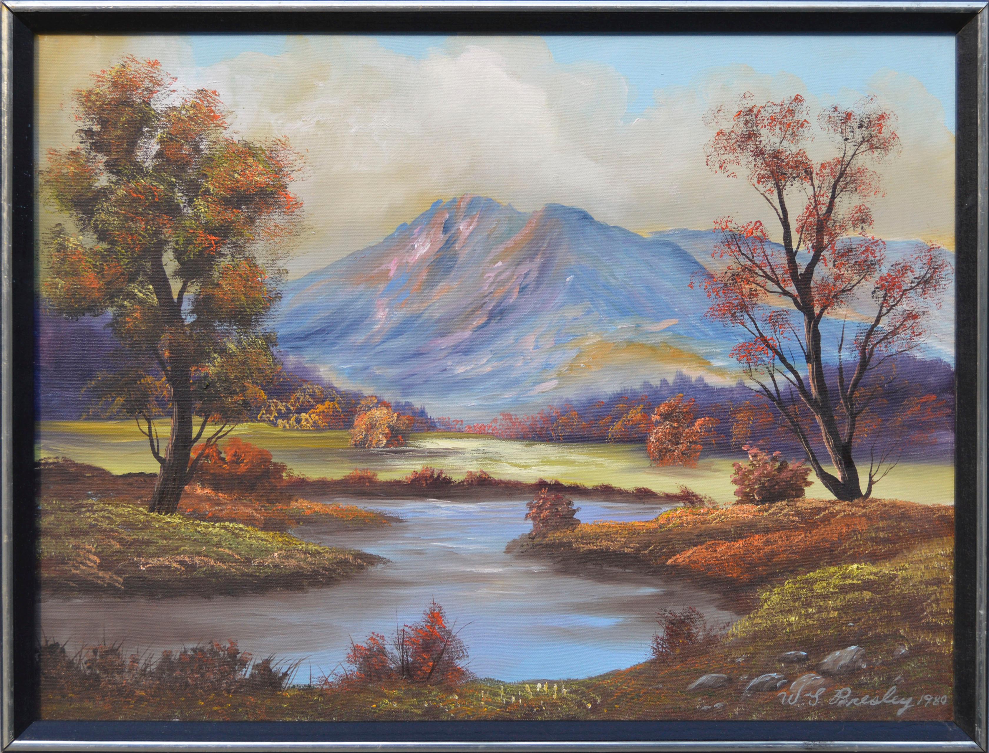 W. T. Presley Landscape Painting - Vintage Landscape Mountain and Pond in Autumn
