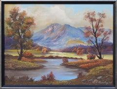 Vintage Landscape Mountain and Pond in Autumn