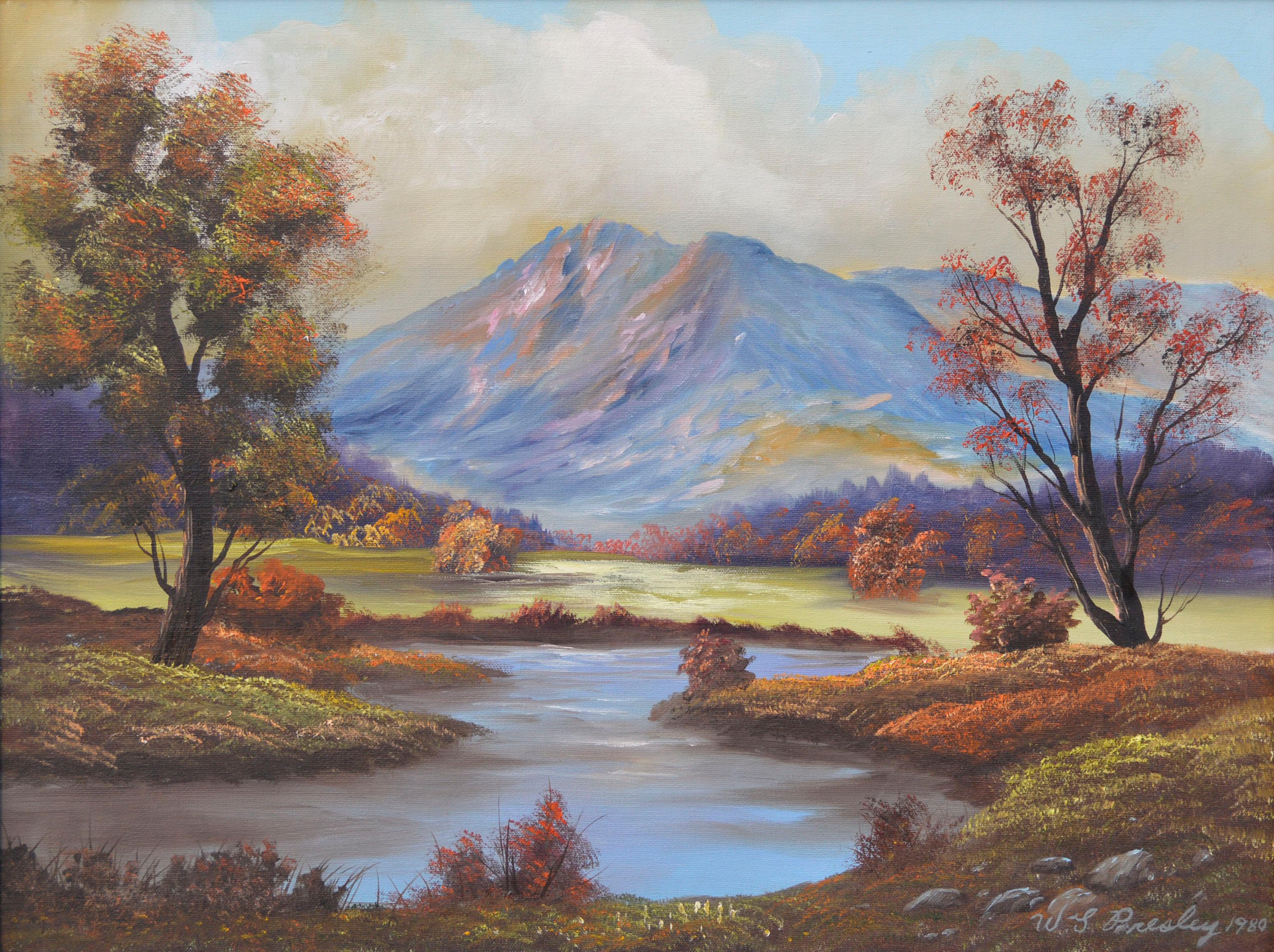 Vintage Landscape Mountain and Pond in Autumn - Painting by W. T. Presley