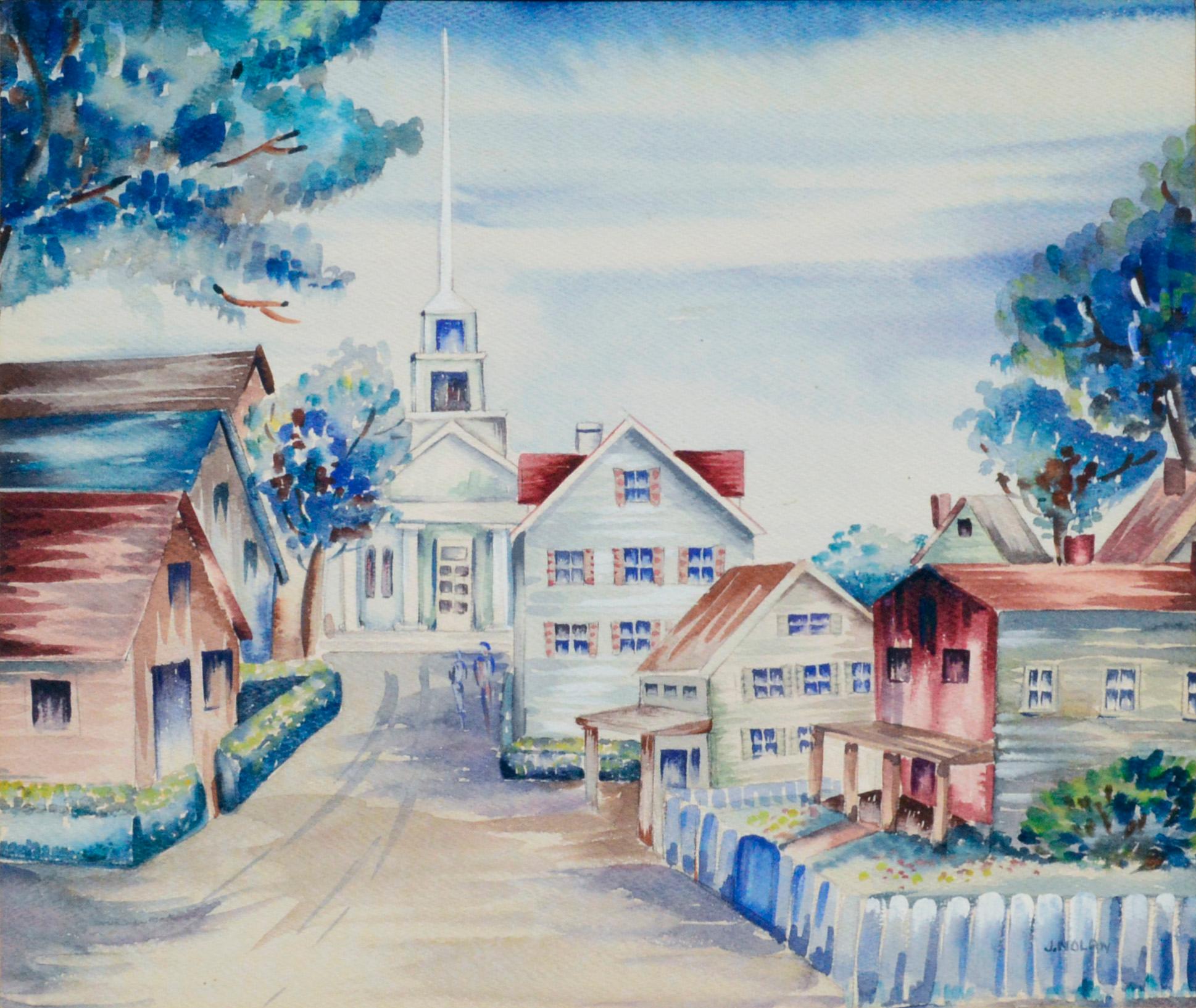 1930's Milford, CT Landscape -- First Church of Christ Congregational - Art by J Nolan