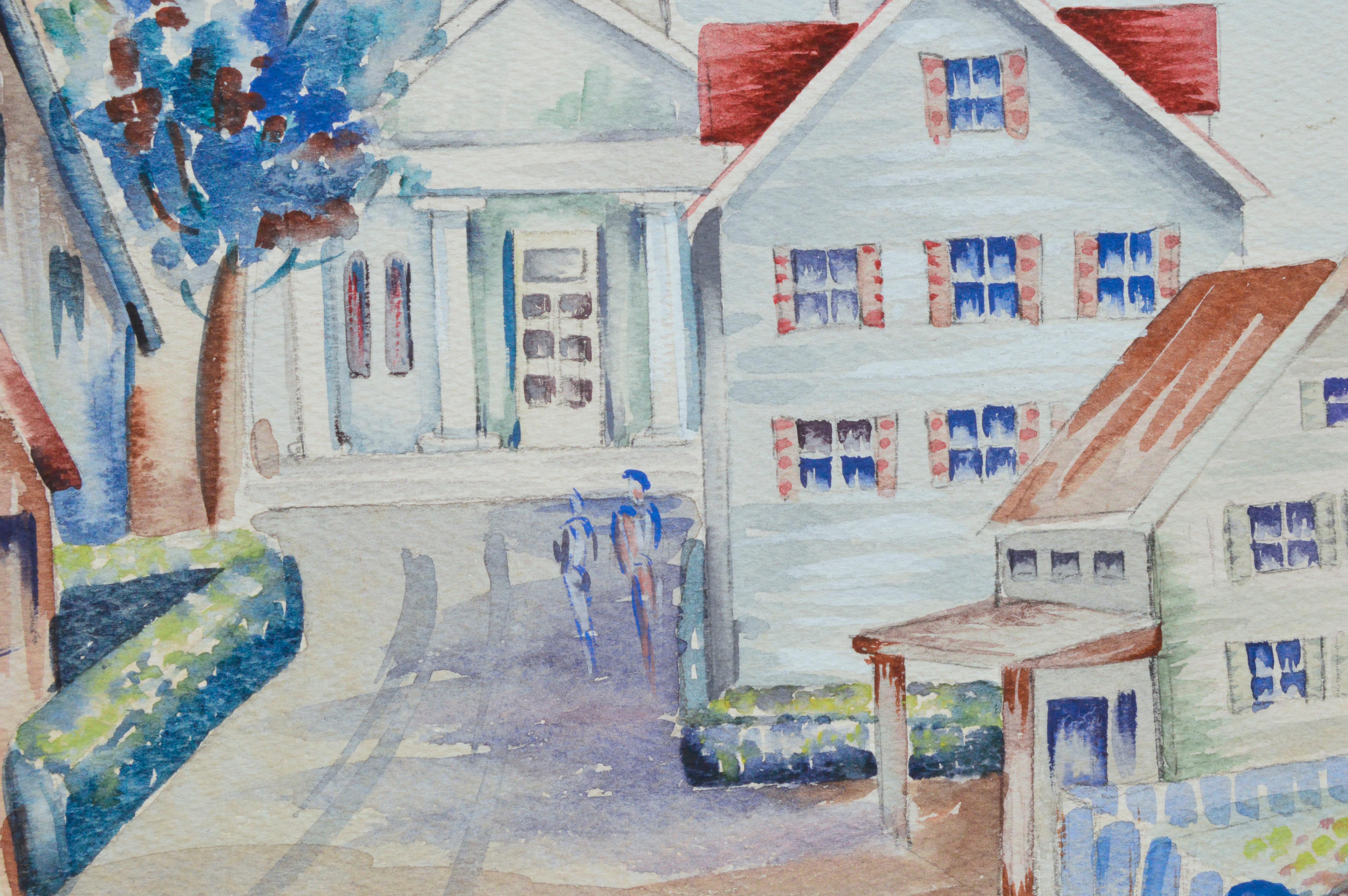 Paysage de Milford, CT des années 1930 - Première église catholique du Christ Congregational - Beige Figurative Art par J Nolan