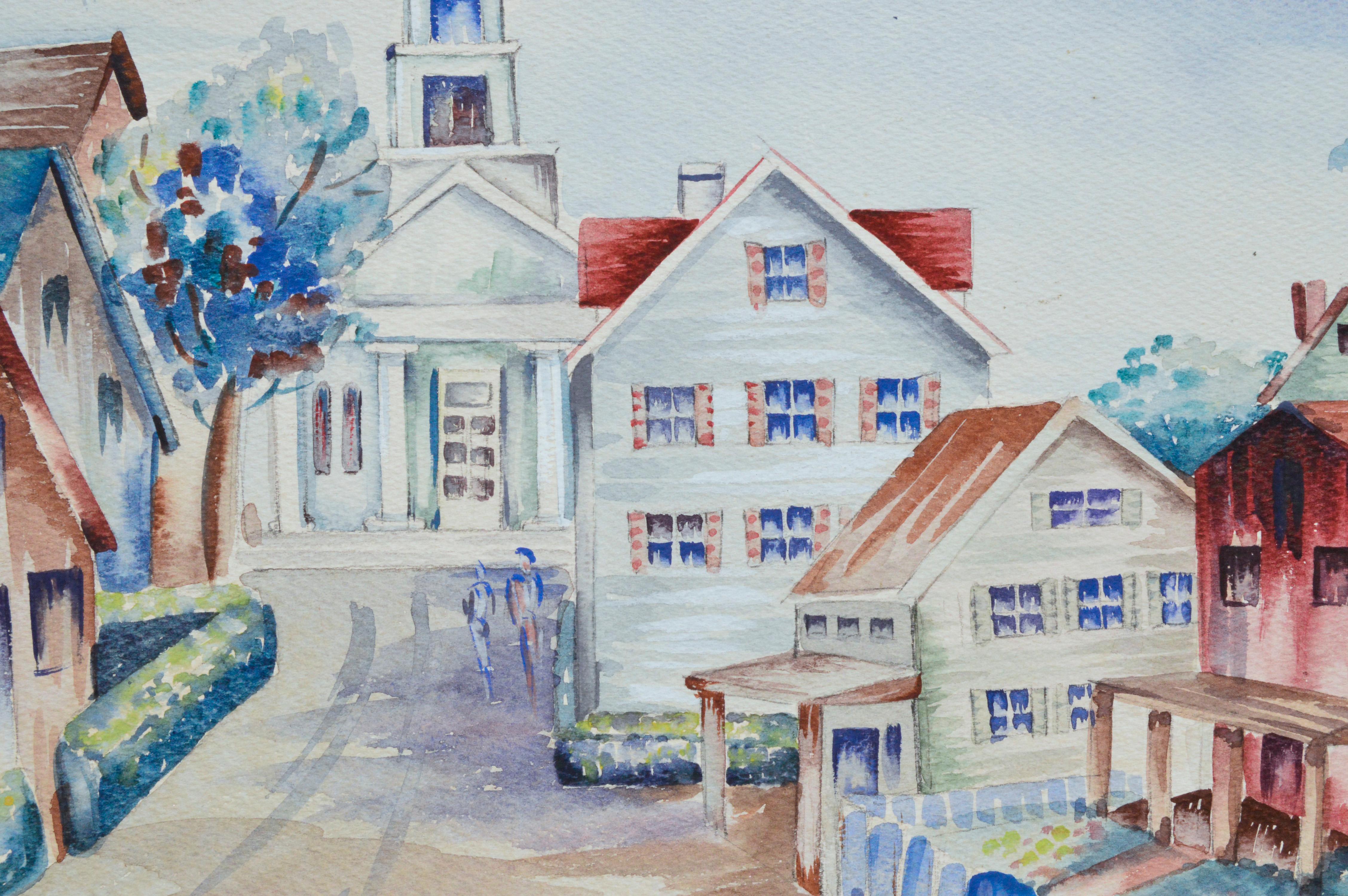 Paysage de Milford, CT des années 1930 - Première église catholique du Christ Congregational - Impressionnisme américain Art par J Nolan