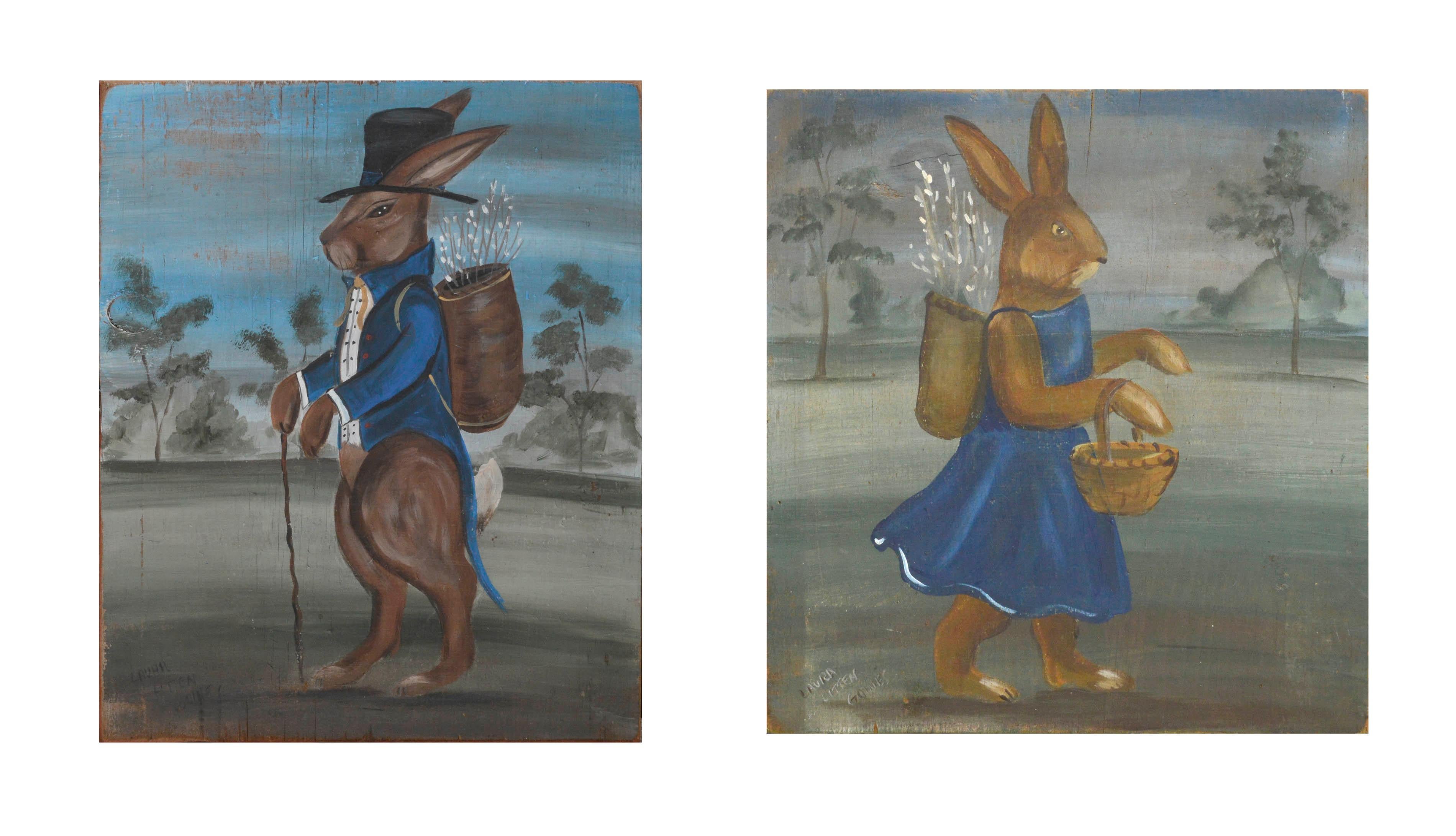 Laura Litten Goines Animal Painting - Folk Art Rabbit Pair