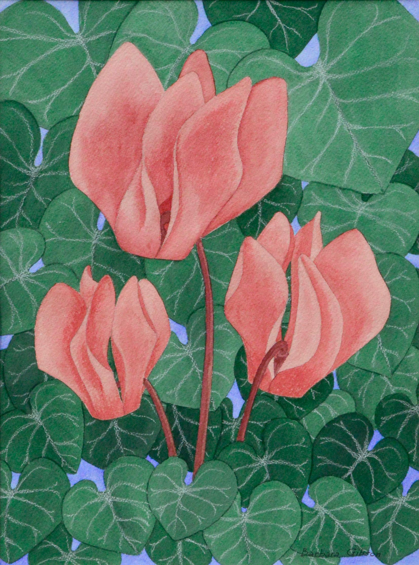 Vintage Coral Cyclamen - Painting by Barbara Gibson