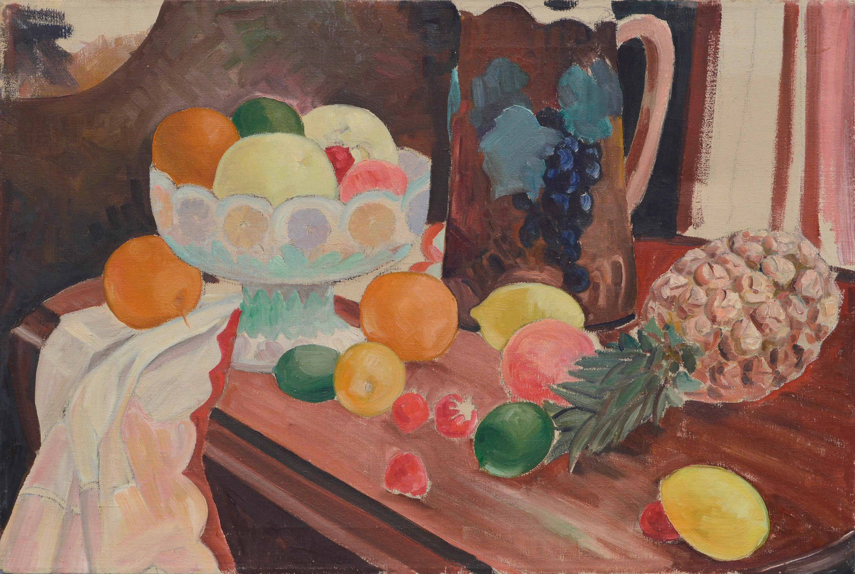 Joseph Yeager Interior Painting – Stillleben aus der Mitte des Jahrhunderts mit Obst, Ananas und Krug 