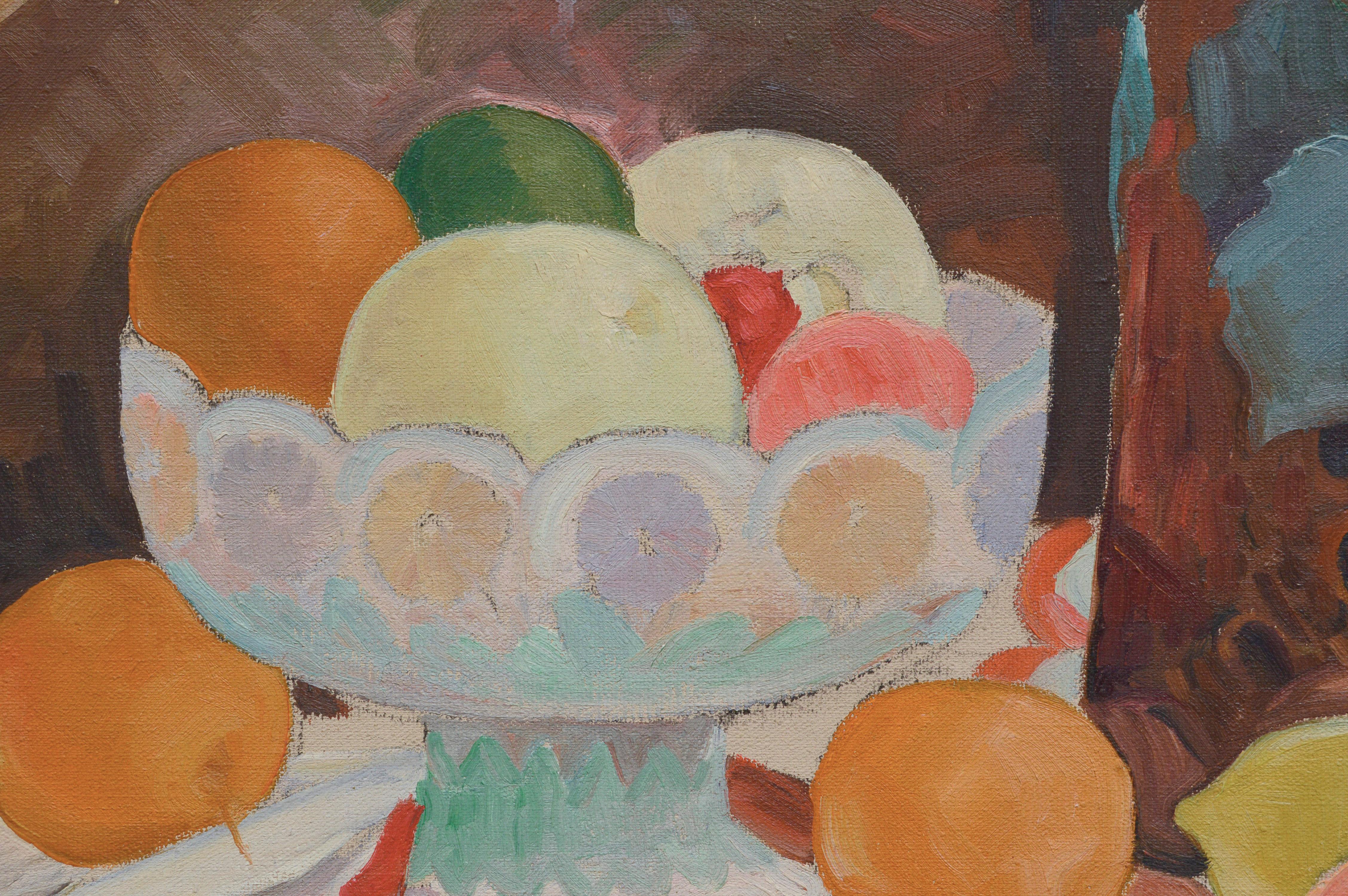 Stillleben aus der Mitte des Jahrhunderts mit Obst, Ananas und Krug  – Painting von Joseph Yeager