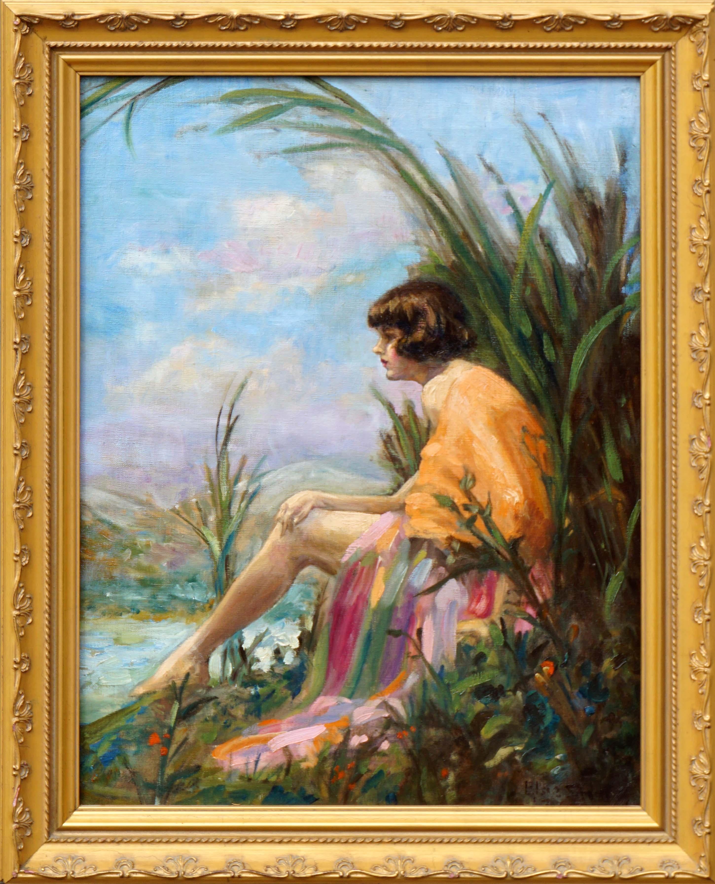 Elsie Simon Figurative Painting - Art Deco Woman Portrait at Lake Bon Tempe Mt Tamalpais Landscape