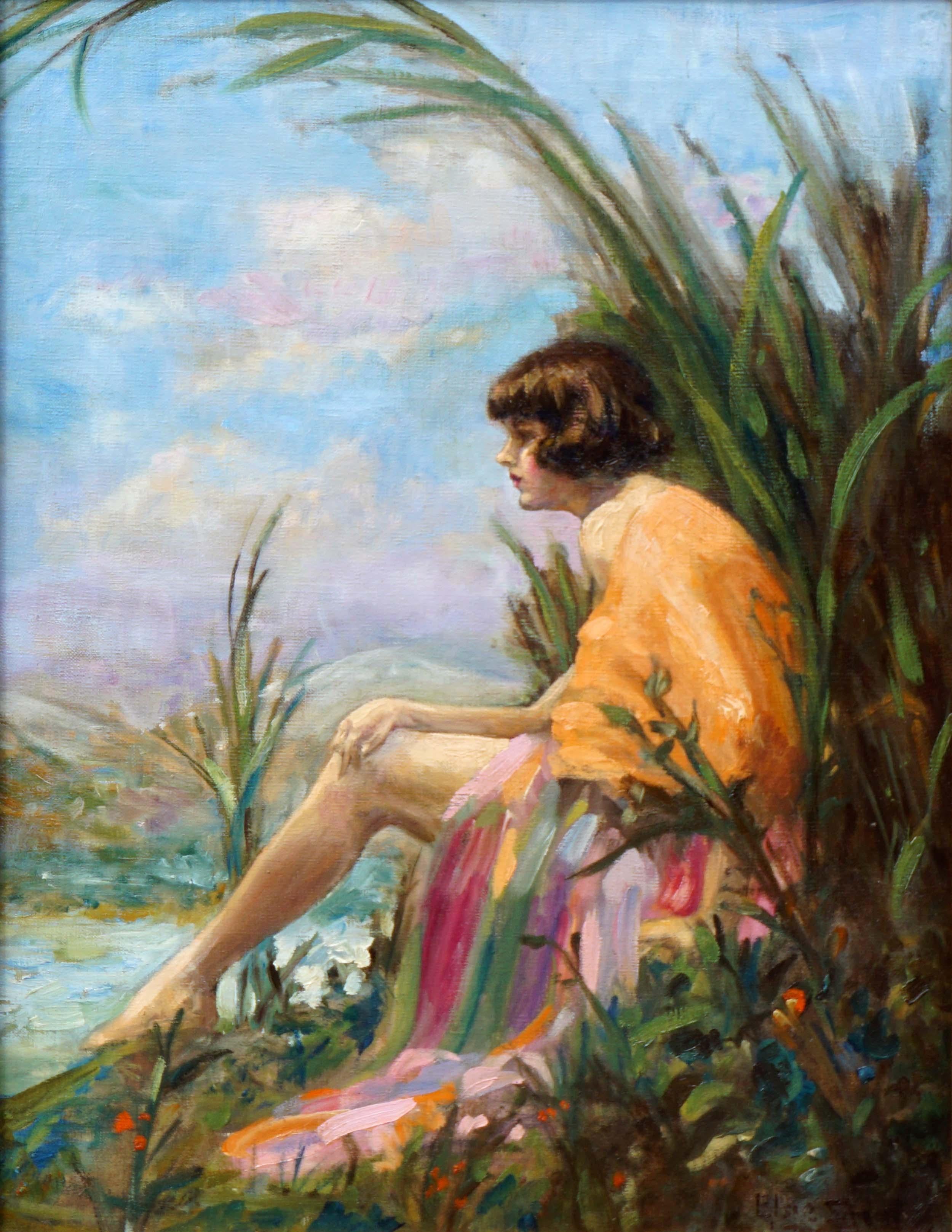 Art Deco Woman Portrait at Lake Bon Tempe Mt Tamalpais Landscape - Painting by Elsie Simon