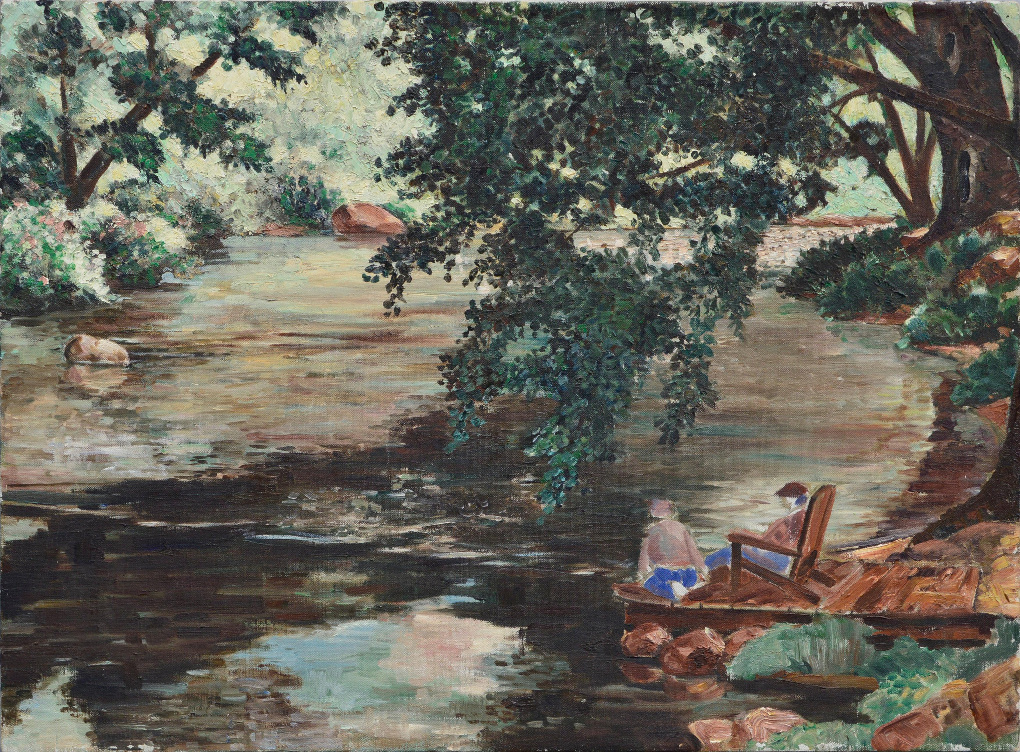 Joseph Yeager Landscape Painting - Sitting by the Lake, Mid Century Figurative Landscape