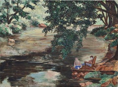 Sitting by the Lake, Mid Century Figurative Landscape
