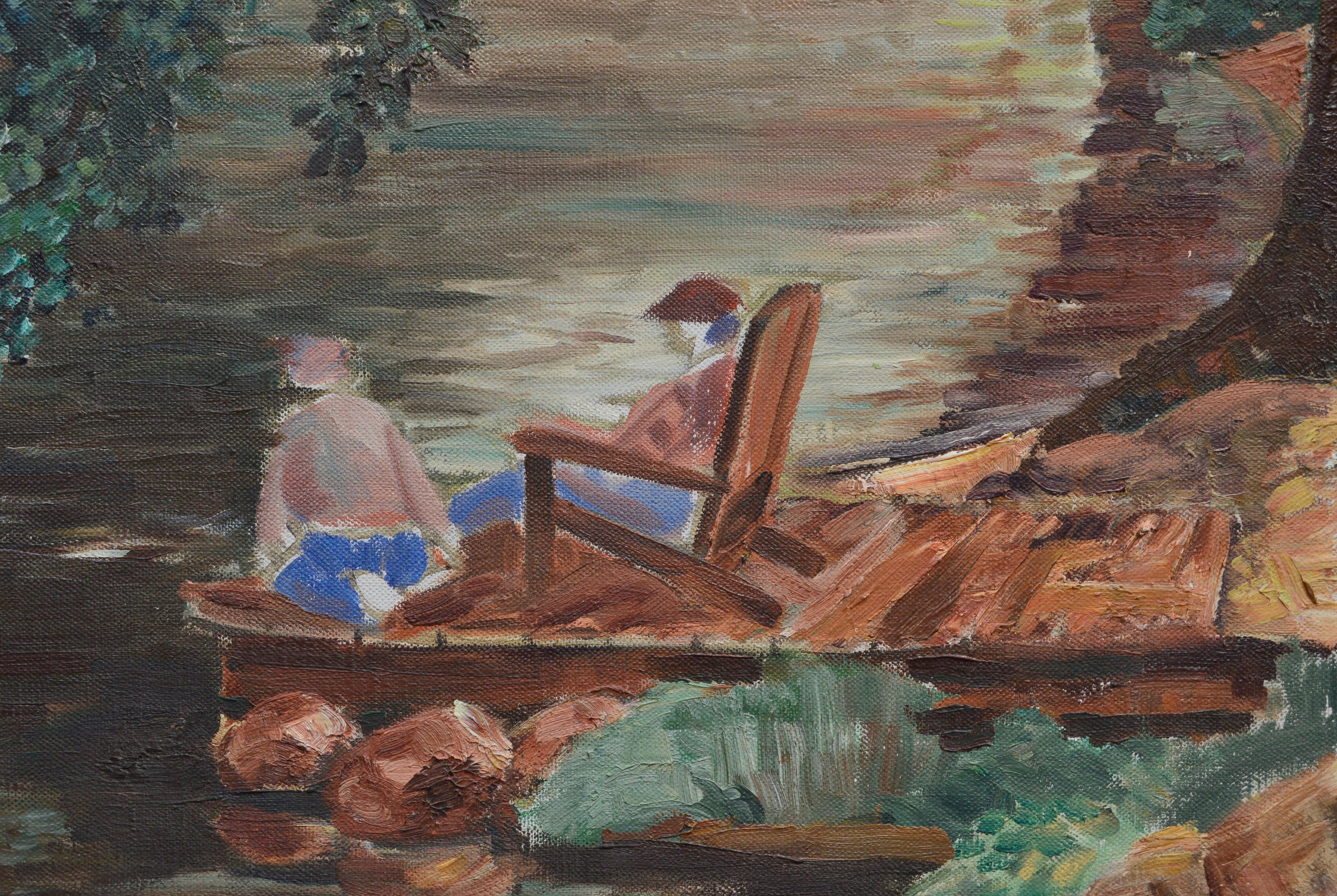 Sitting by the Lake, Mid Century Figurative Landscape - Painting by Joseph Yeager