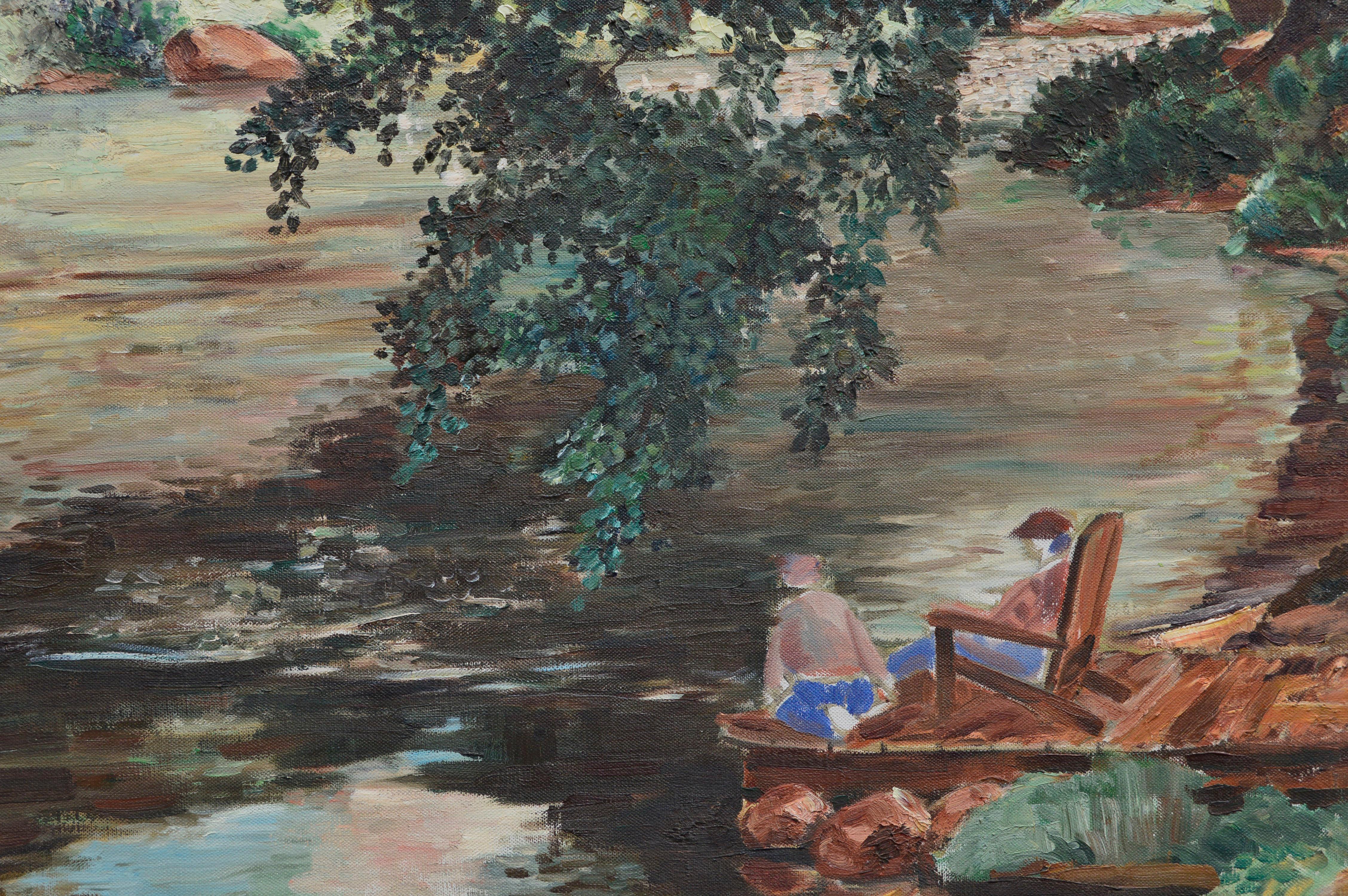 Sitting by the Lake, Mid Century Figurative Landscape - American Impressionist Painting by Joseph Yeager