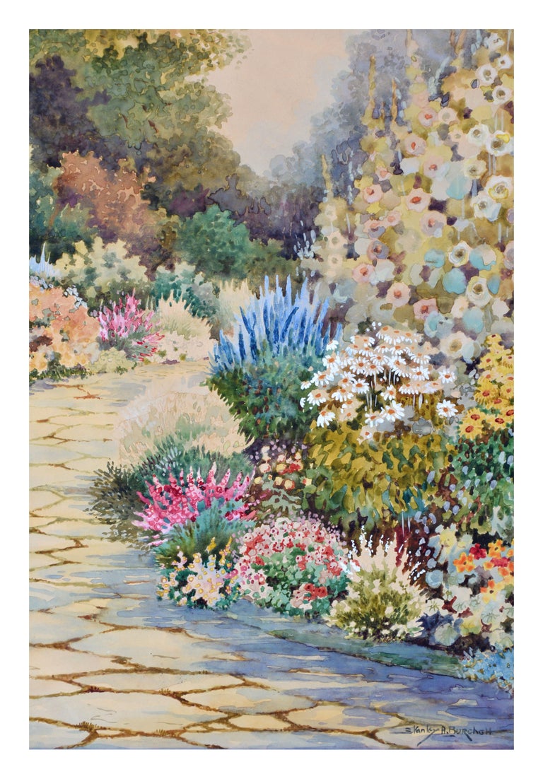 Stanley Burchett In the Garden Watercolor Landscape For Sale at 1stDibs