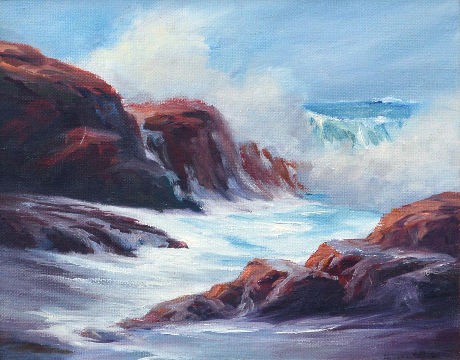 Waves Crashing on the Cliffs Seascape - Painting by Henry Cusimano