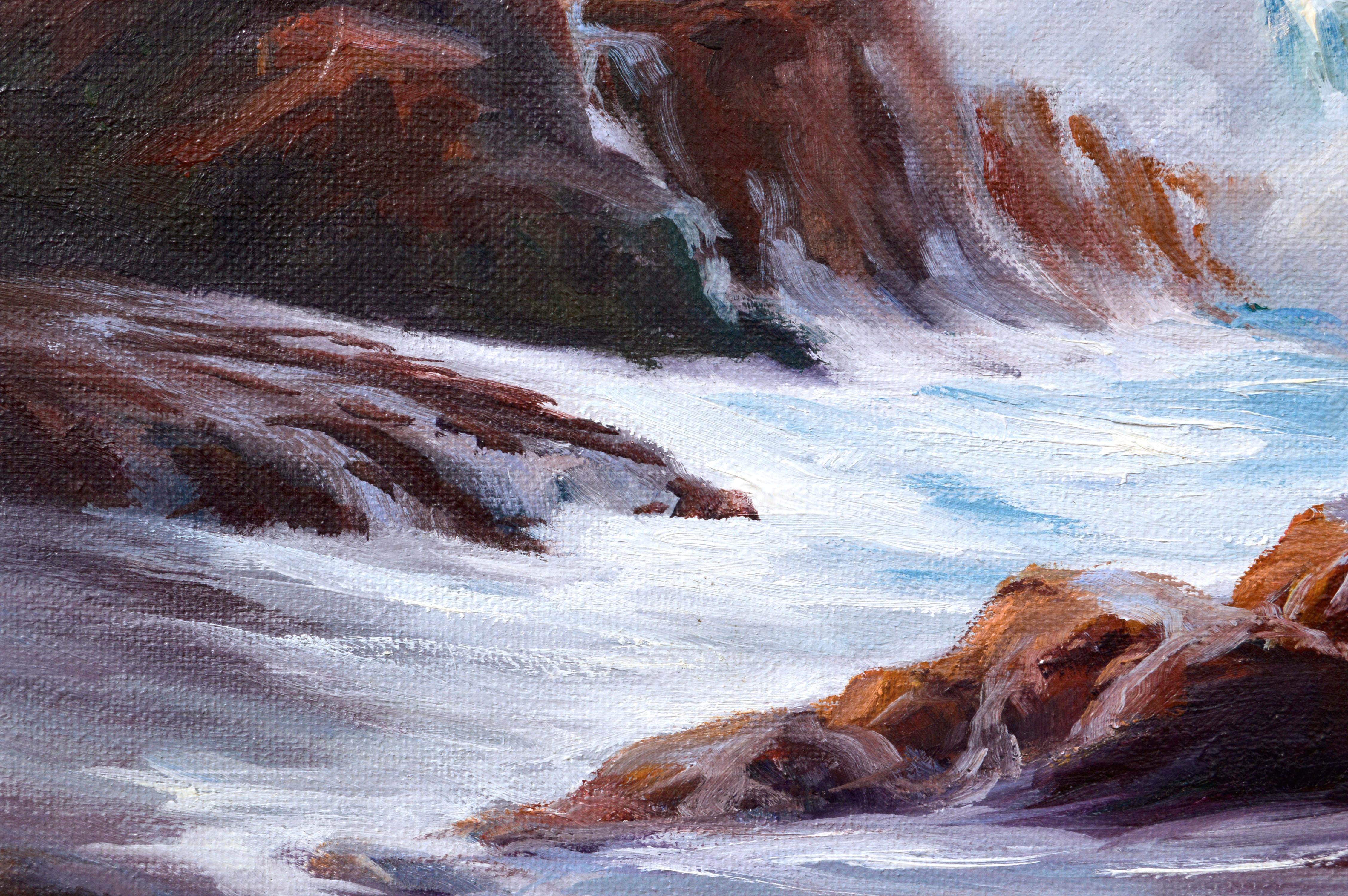 Waves schaukeln auf den Cliffs Meereslandschaft (Schwarz), Landscape Painting, von Henry Cusimano