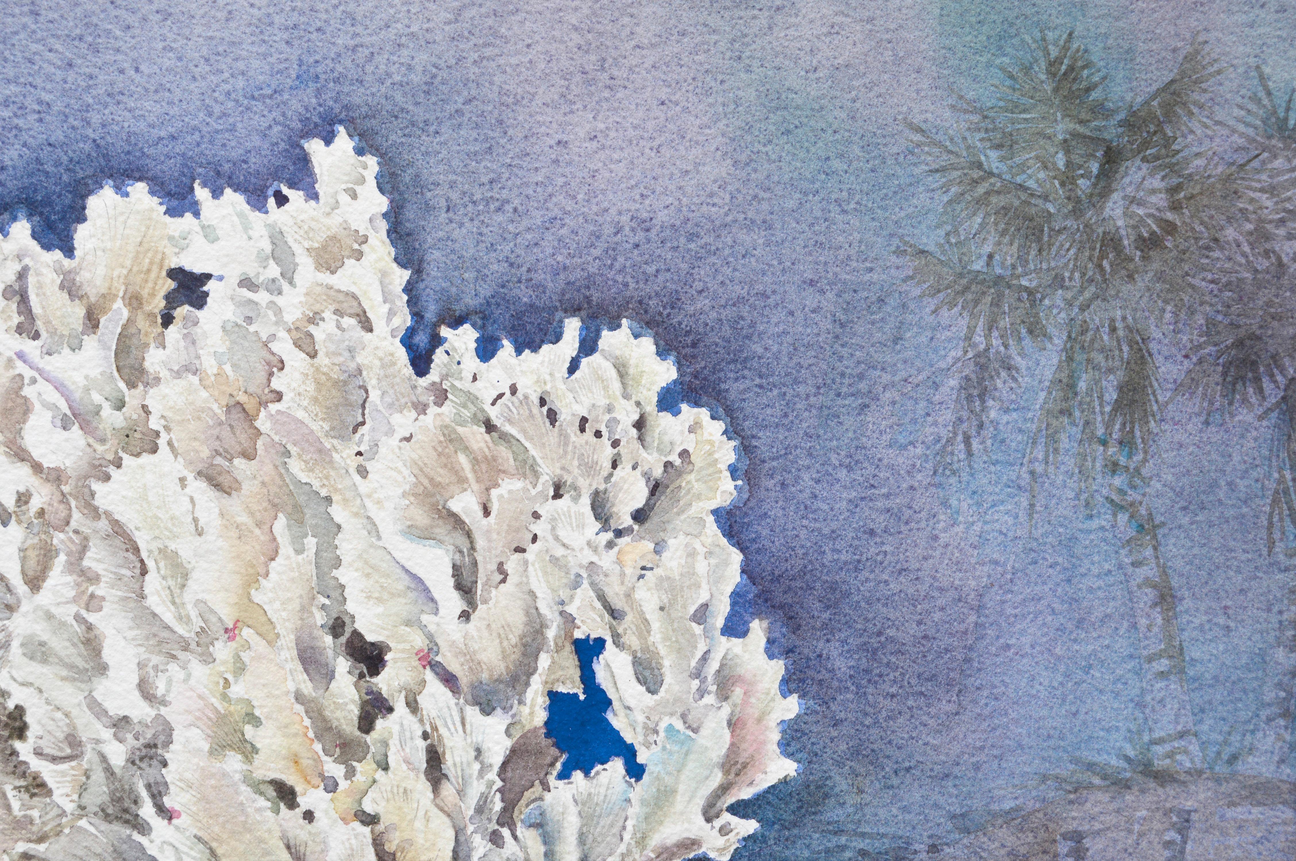 Sehr detailliertes Stillleben mit Muscheln und Korallen auf einem Holztisch von Joseph Yeager (Amerikaner, Anfang/Mitte 20. Jahrhundert). Der Hintergrund zeigt eine Meeresszene mit einem Segelboot und Palmen. Yeagers Expertise als Industriedesigner