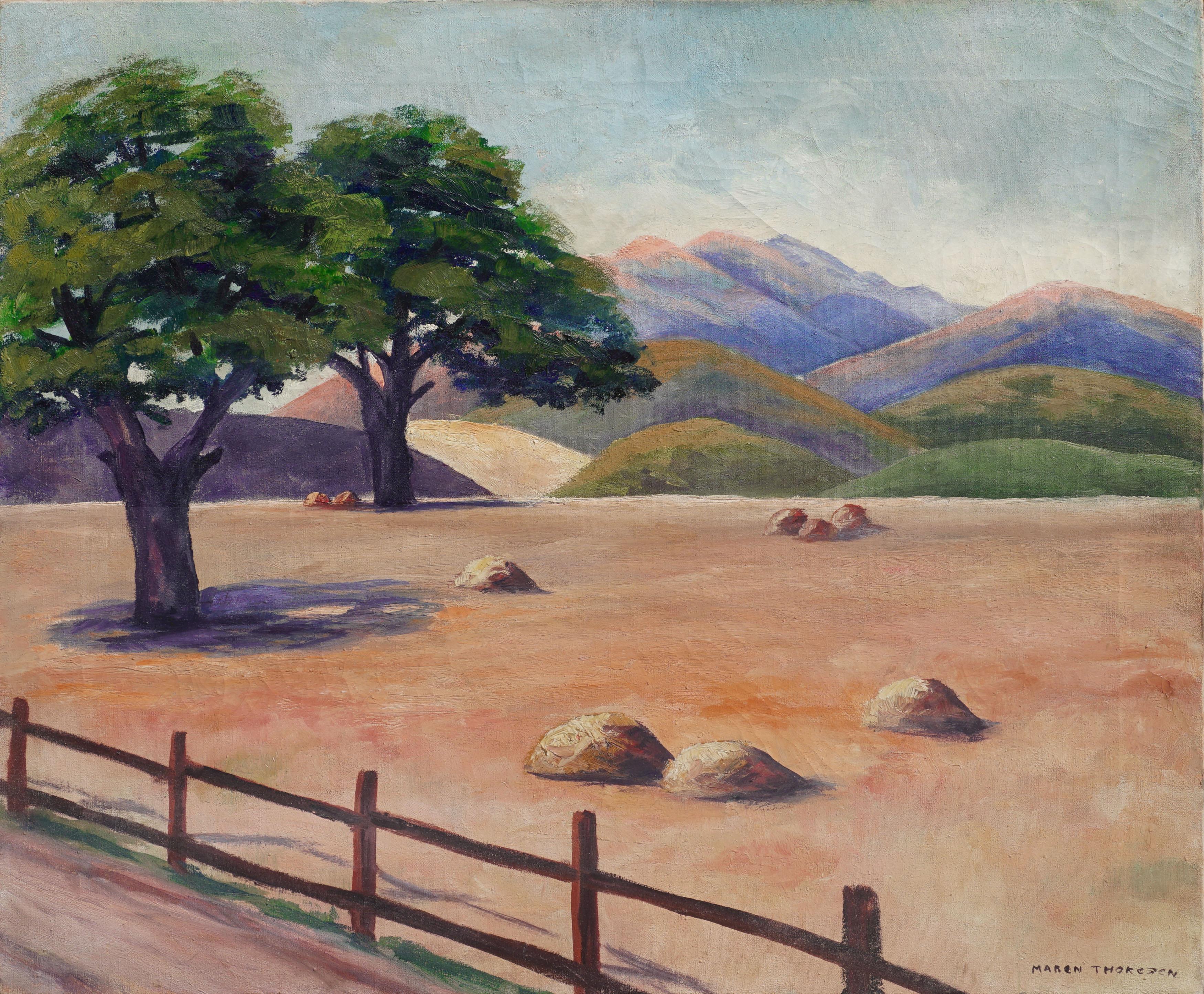 Maren Baerskoe Thoreson Landscape Painting - Mid Century Golden California Foothills with Oaks Landscape