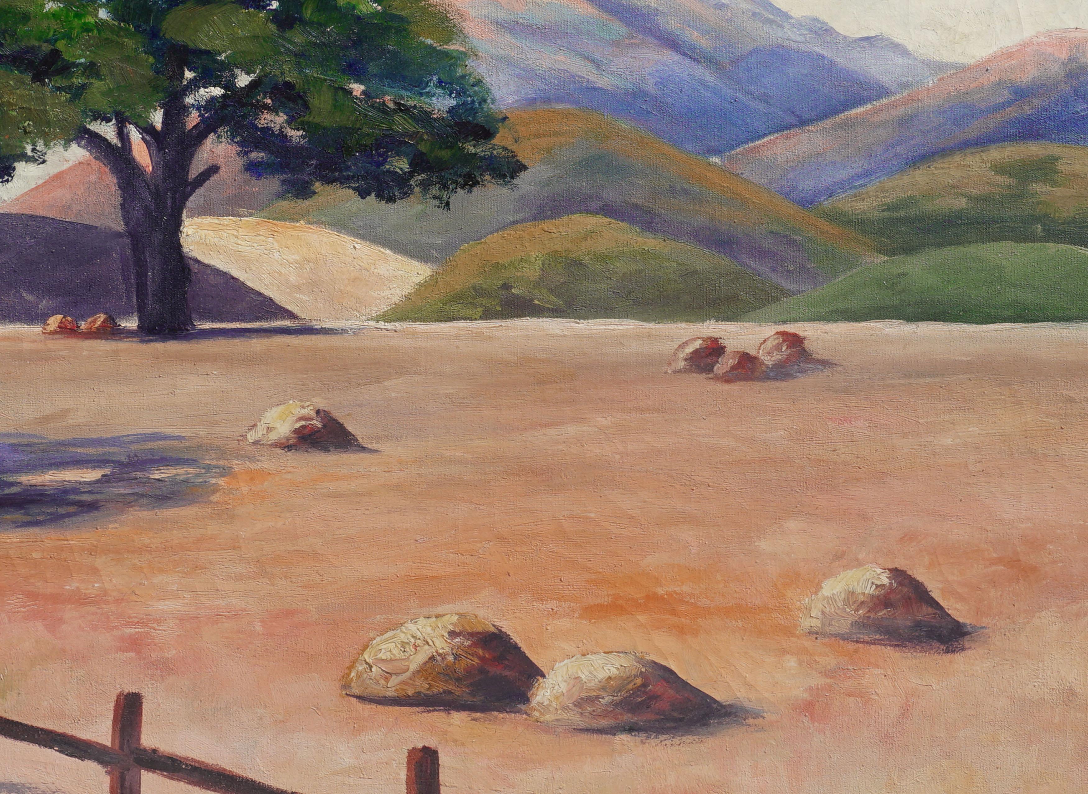Mid Century Golden California Foothills with Oaks Landscape - Painting by Maren Baerskoe Thoreson