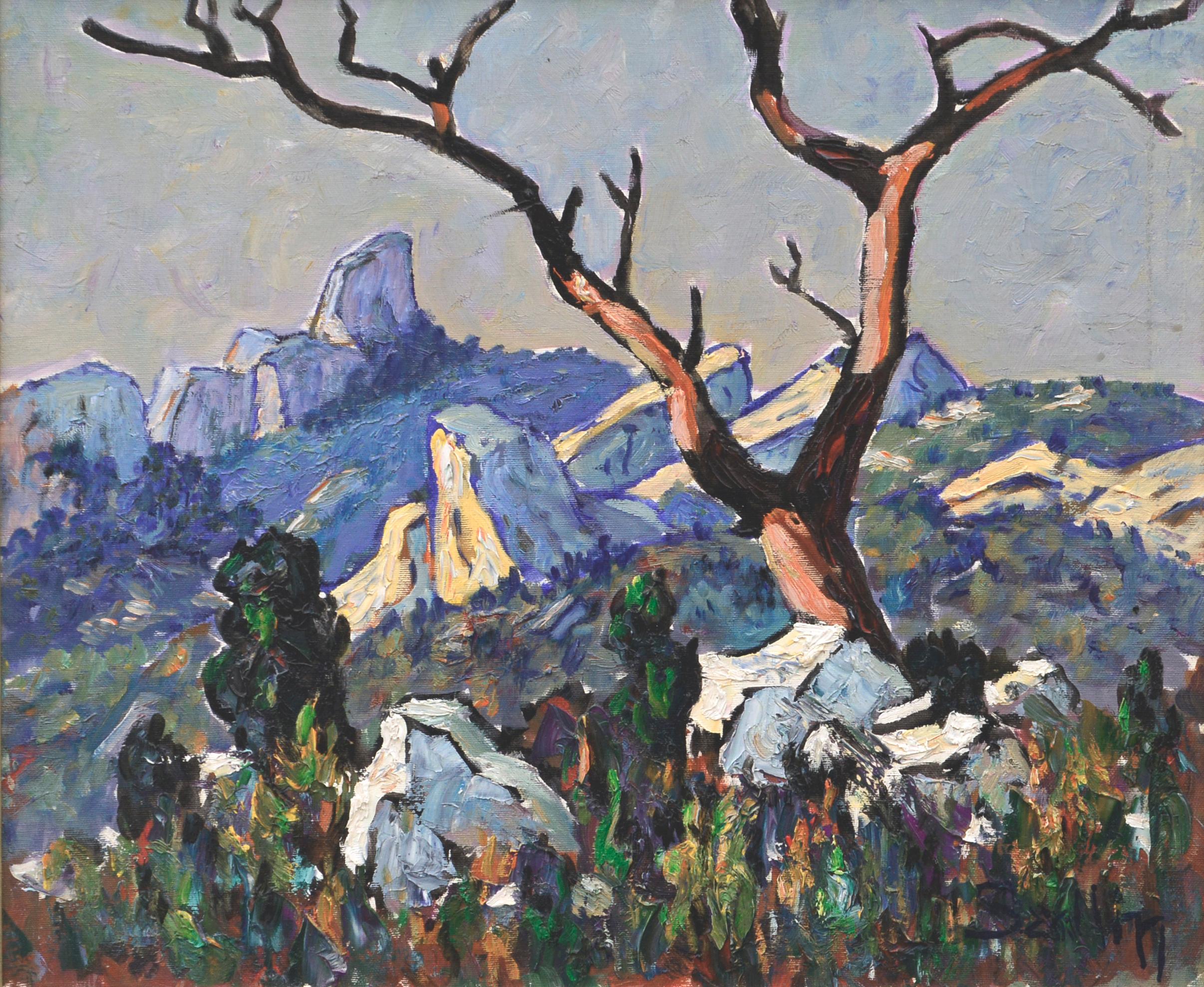 Paysage rocheux avec paysage d'arbres dénudés - Painting de Sarlin