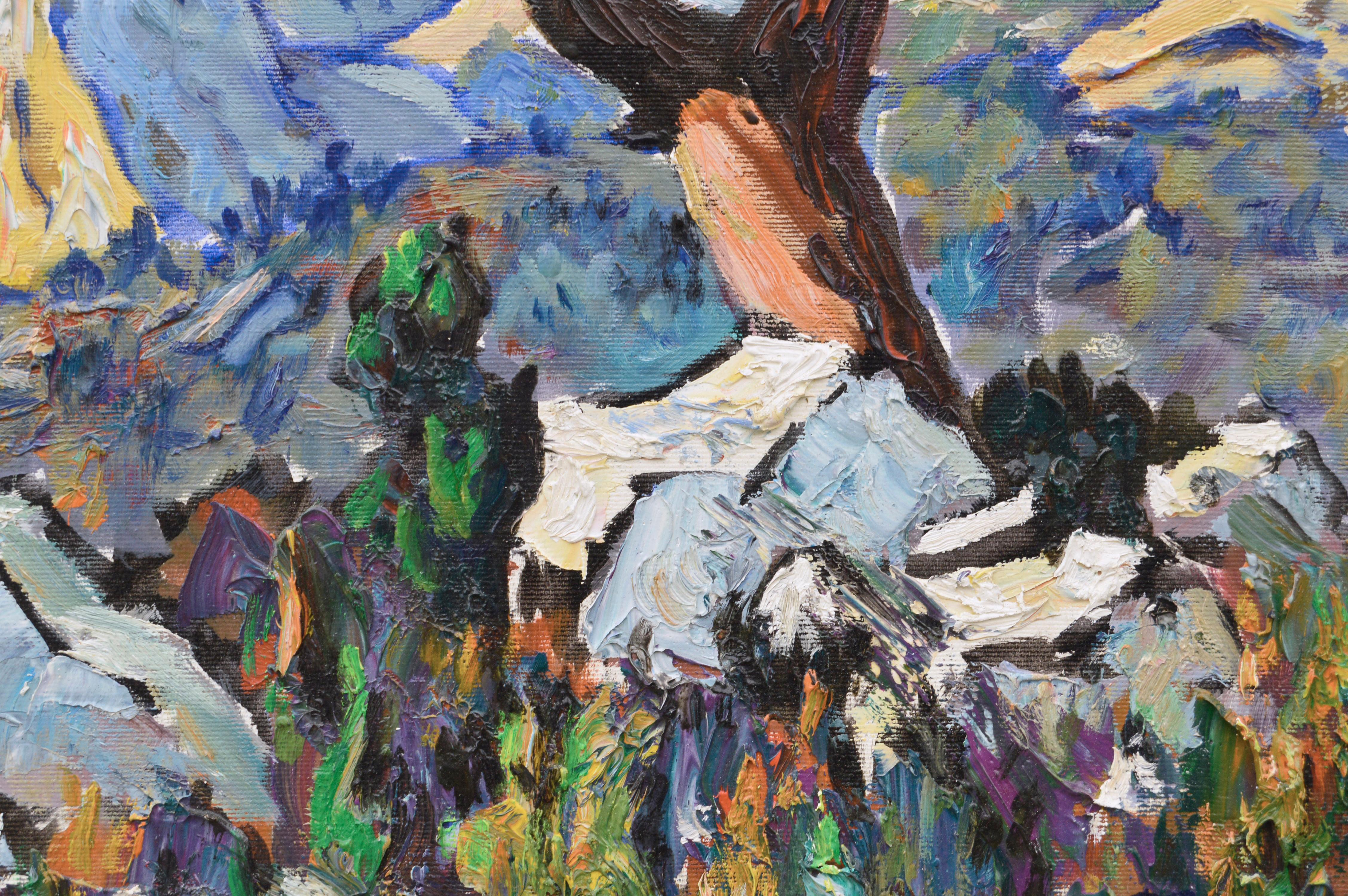 Paysage rocheux avec paysage d'arbres dénudés - Gris Landscape Painting par Sarlin