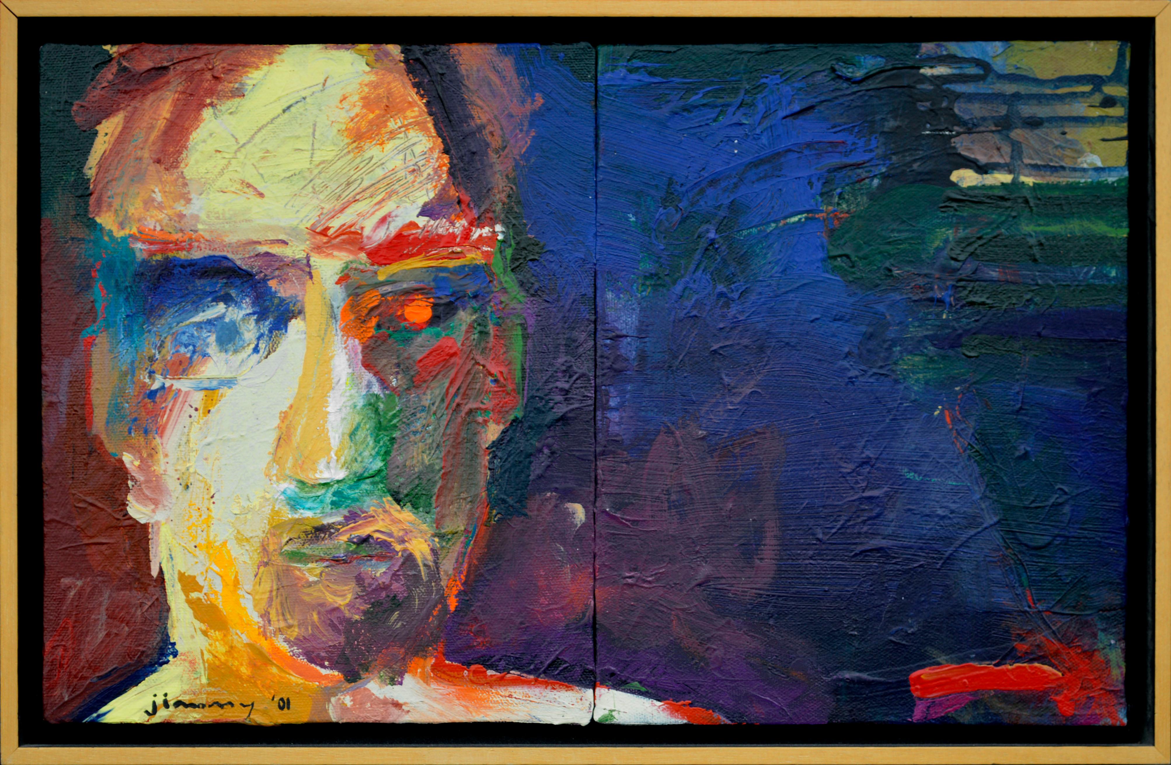 Jimmy Abstract Painting - Abstract Expressionist Multicolor Face - Left of Center Figurative Diptych 
