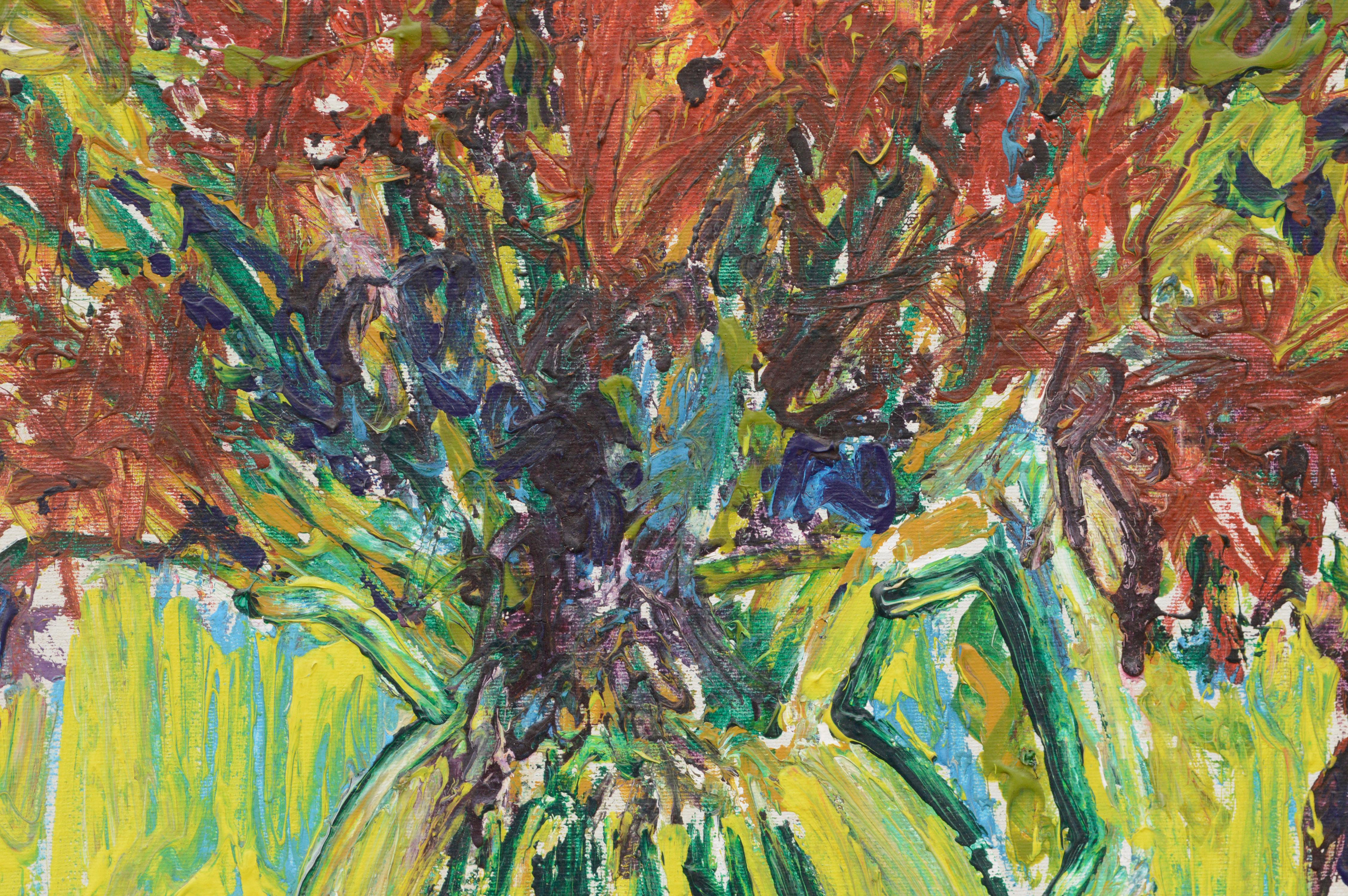 Nature morte expressionniste abstraite à fleurs rouges - Marron Abstract Painting par Allie William Skelton
