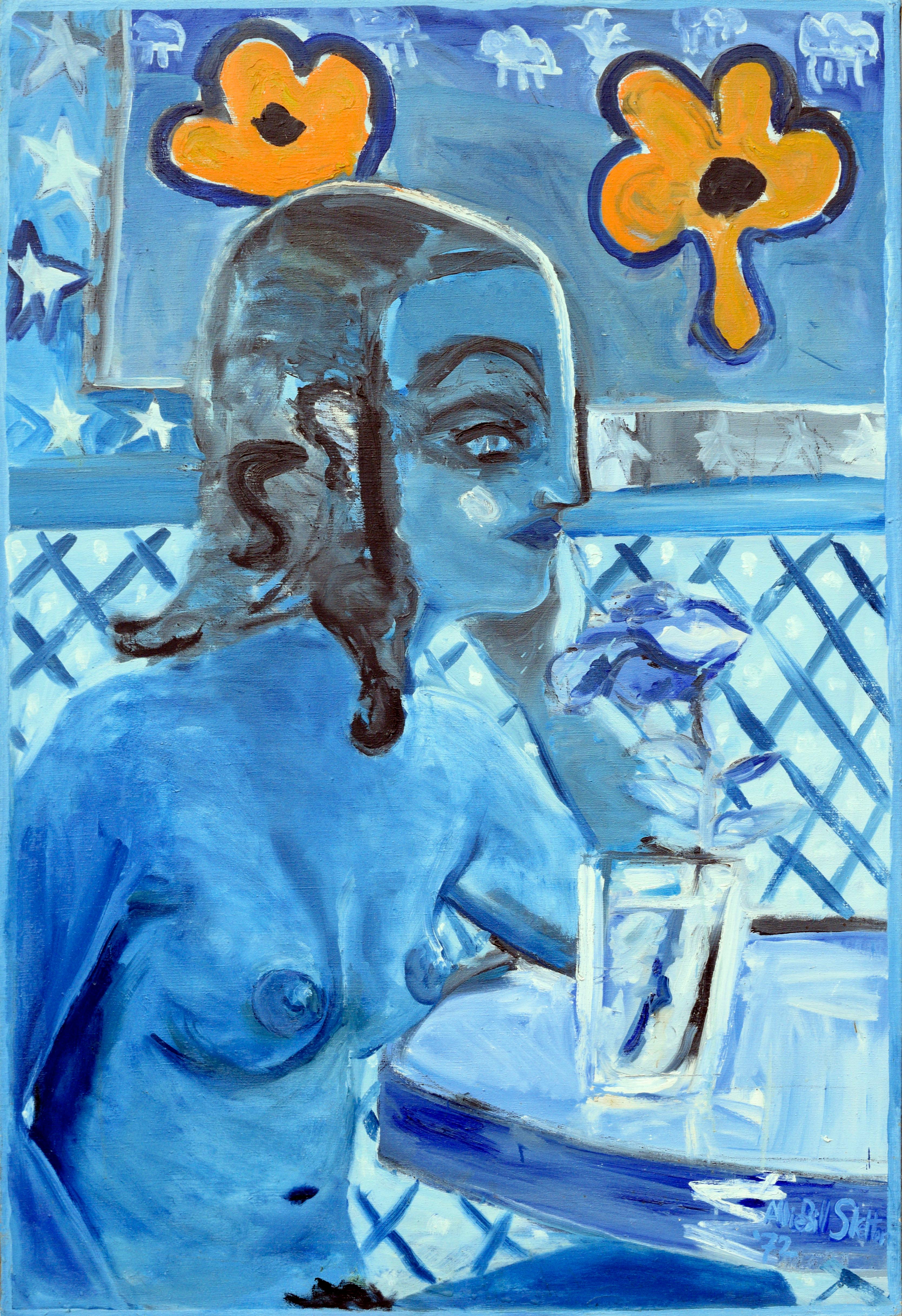 Allie William Skelton Figurative Painting - Modernist Blue Nude in Profile - Figurative Abstract 