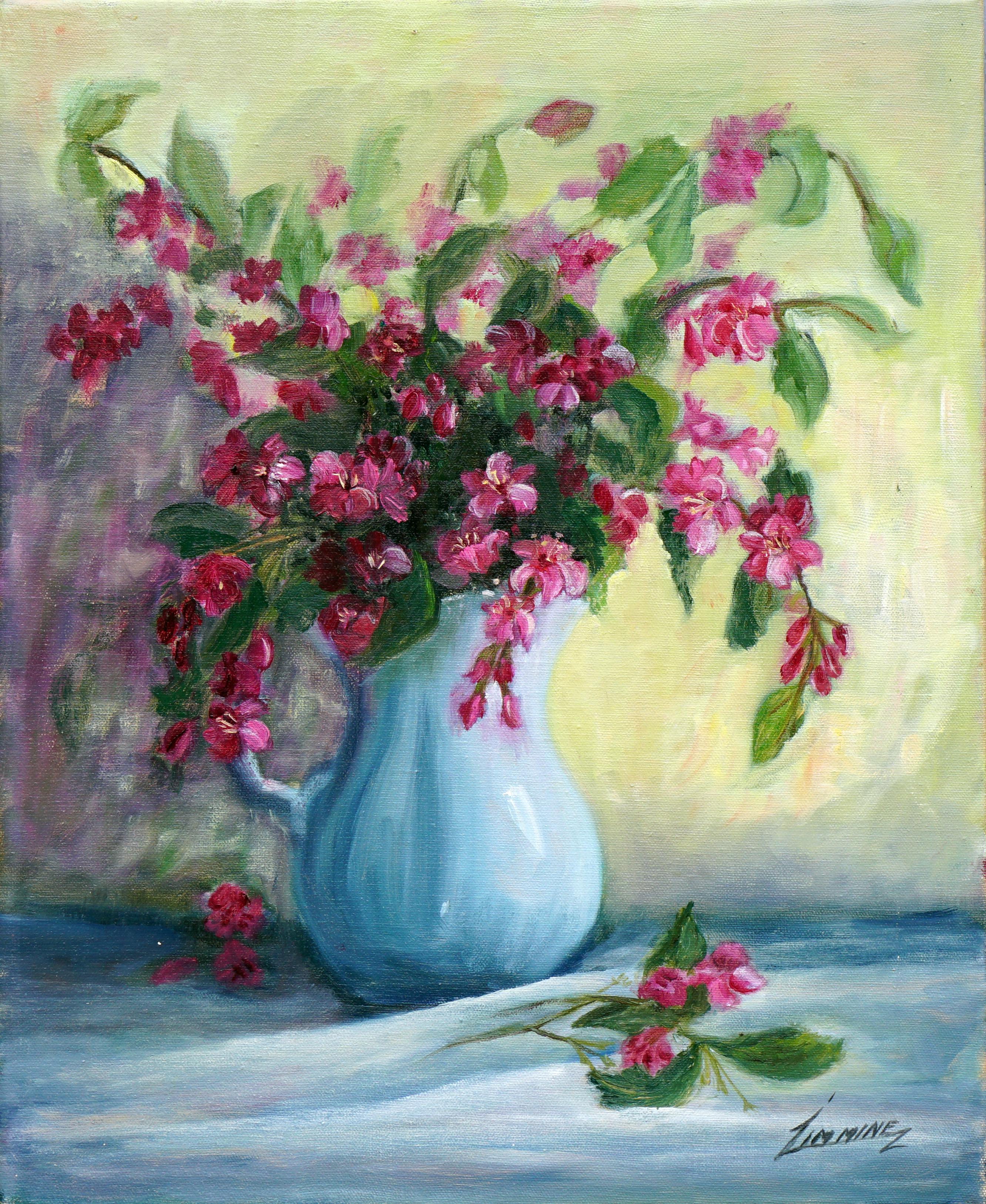 Jimminez Still-Life Painting - Weigela in Blue Pitcher - Floral Still Life