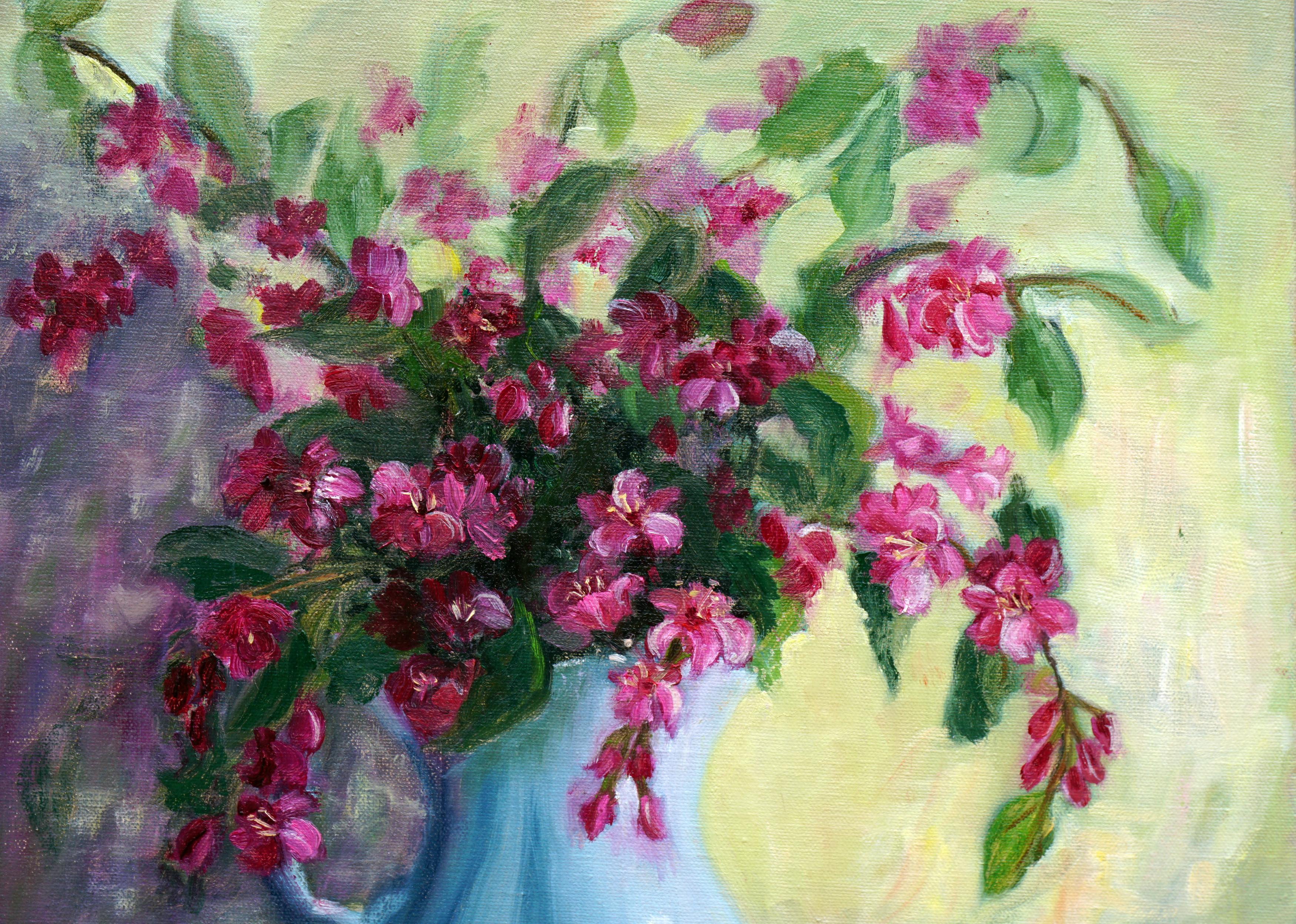 Weigela in Blue Pitcher - Floral Still Life - Painting by Jimminez