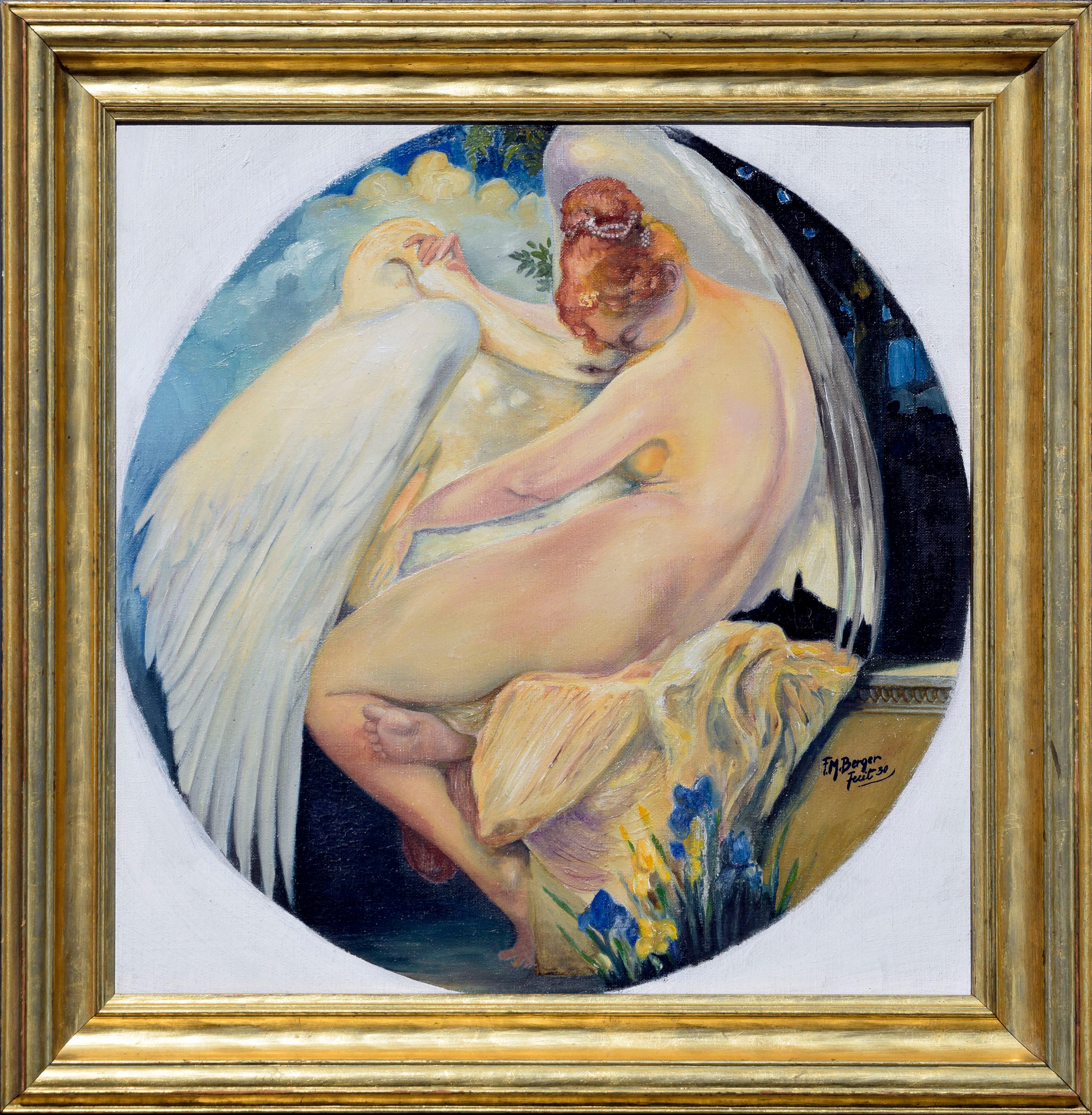 F. M. Berger Nude Painting - Art Nouveau Leda and the Swan Figurative 