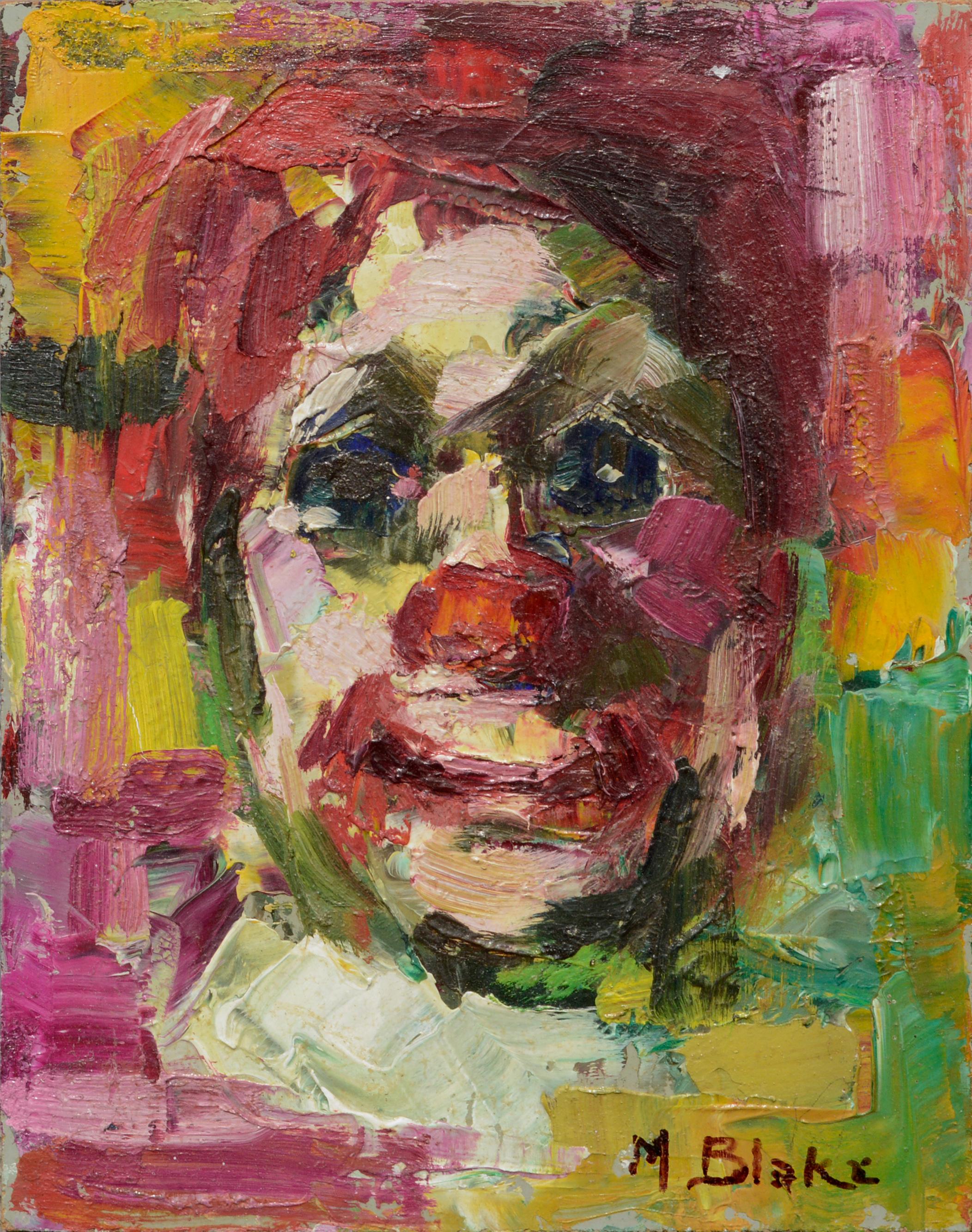 Marjorie May Blake Figurative Painting - Diminutive Mid Century Expressionist Clown Portrait #1