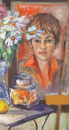 Nature morte florale figurative du milieu du siècle avec bouquet de fleurs, citron et autoportrait