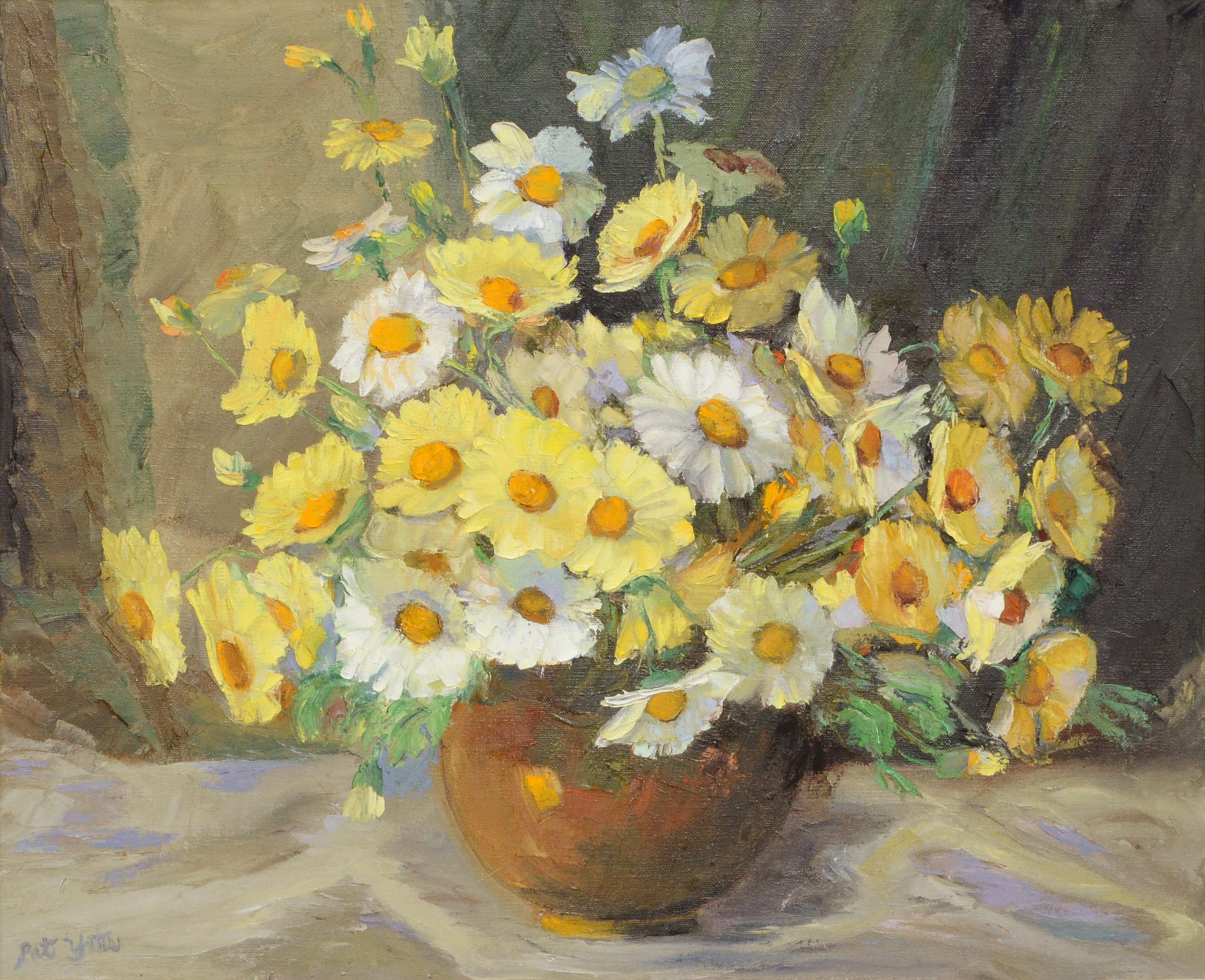 Mid Century Yellow and White Daisies Floral Bouquet Still-Life - Painting by Pat Yates