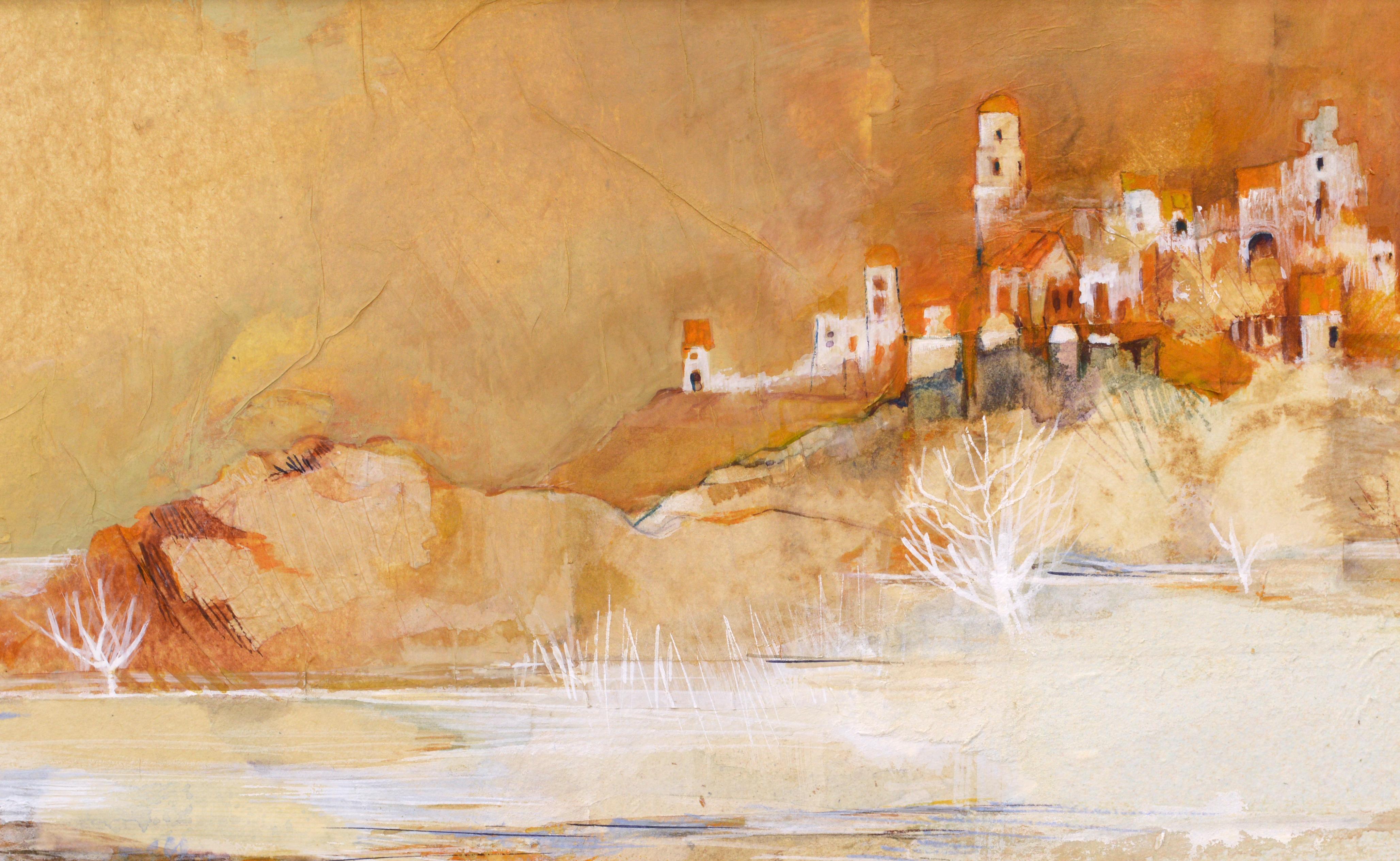 Abstrahierte Landschaftskomposition in Mischtechnik auf Büttenpapier mit einer Stadt am Rande eines Sees, in monochromen Orangetönen mit weißen Akzenten, von Grace Eichholz (Amerikanerin, geb. 1927). Signiert 