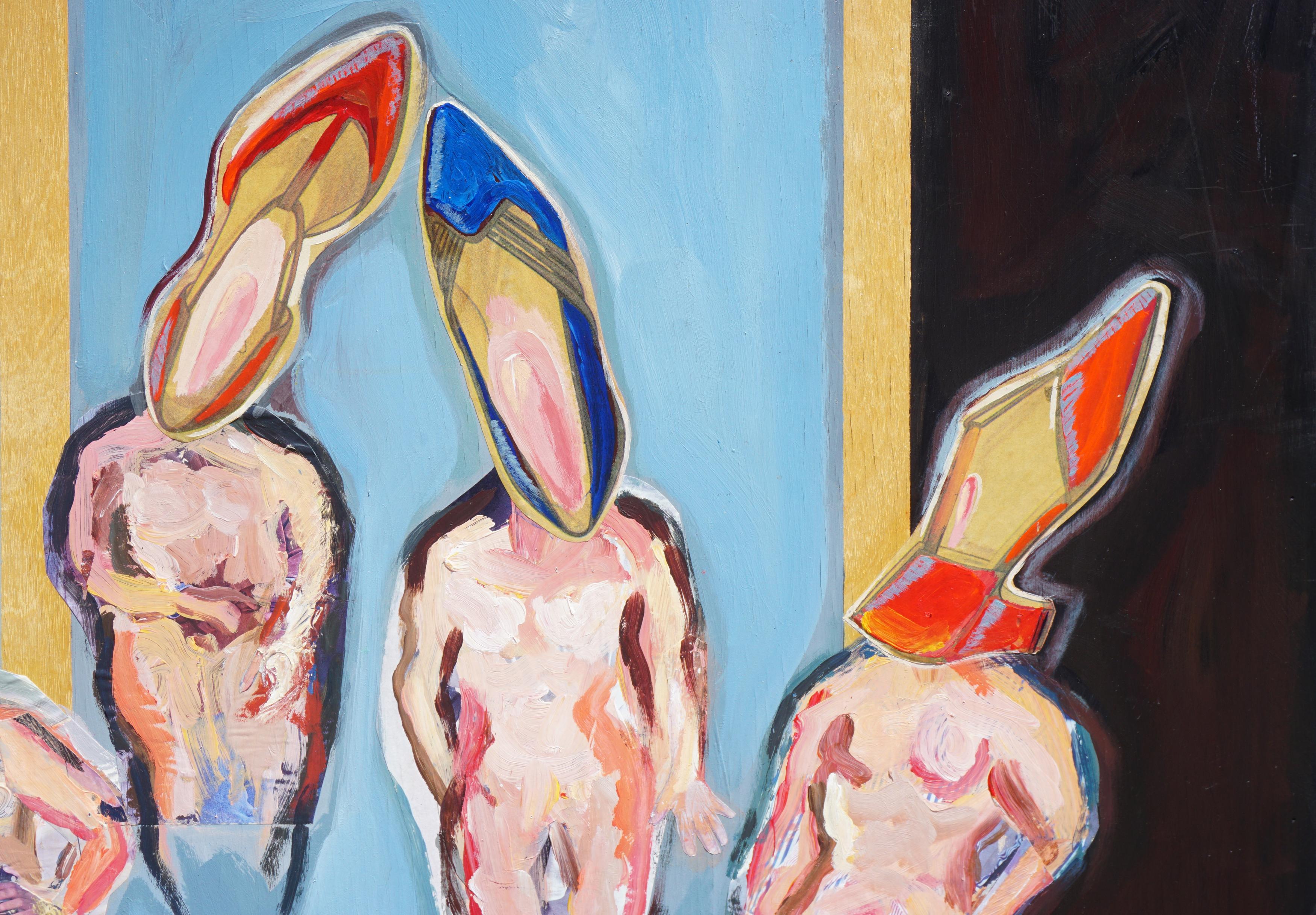 ¡Fetichismo por los zapatos! Figurativo abstracto surrealista caprichoso con cabezas de tacón alto - Painting de M. Jane Balanoff