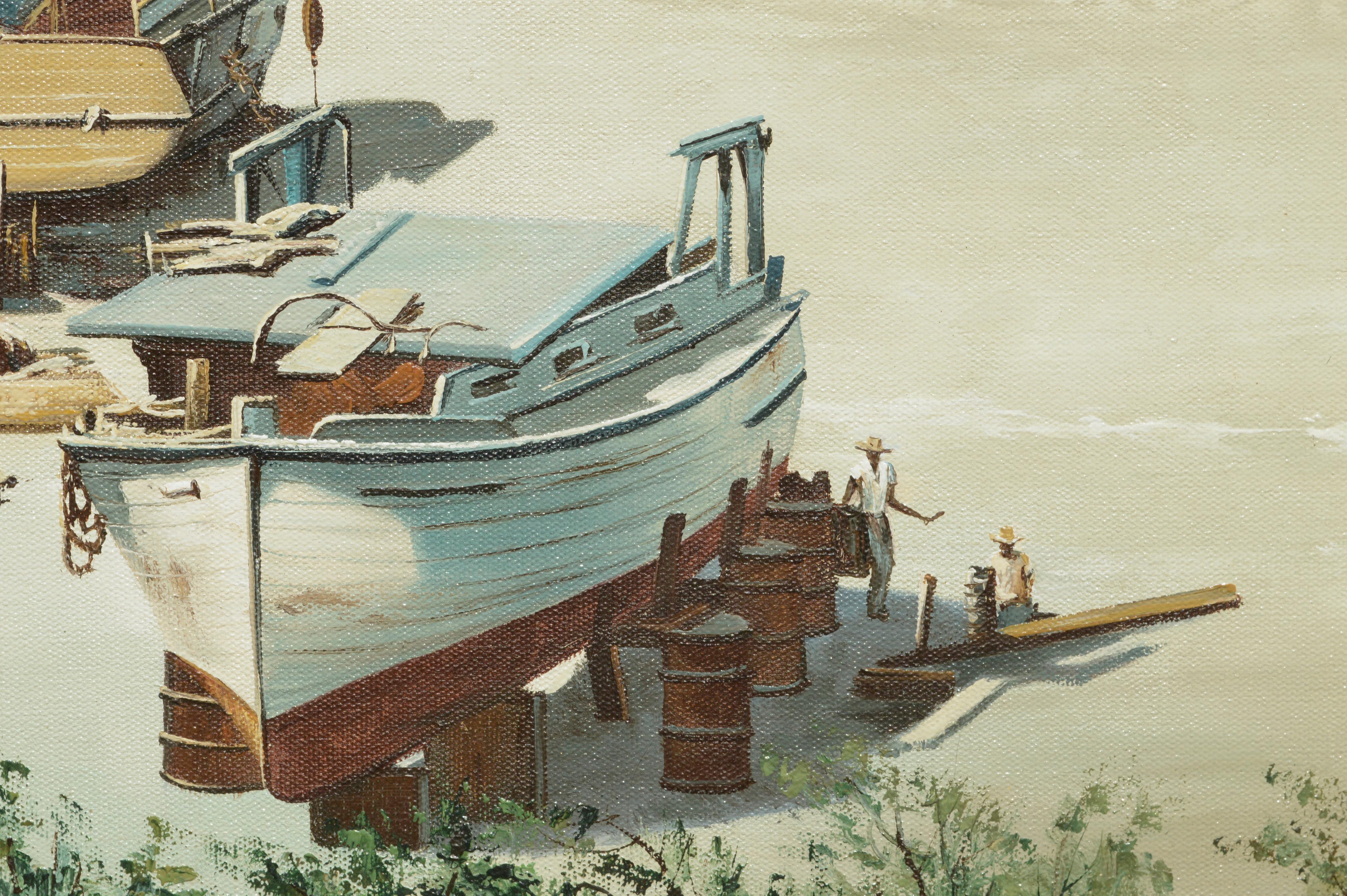 Highly detailed painting of the Gulf Star and other boats at a dock by an unknown artist possibly, S. Wenly (American, 20th Century). Signed 