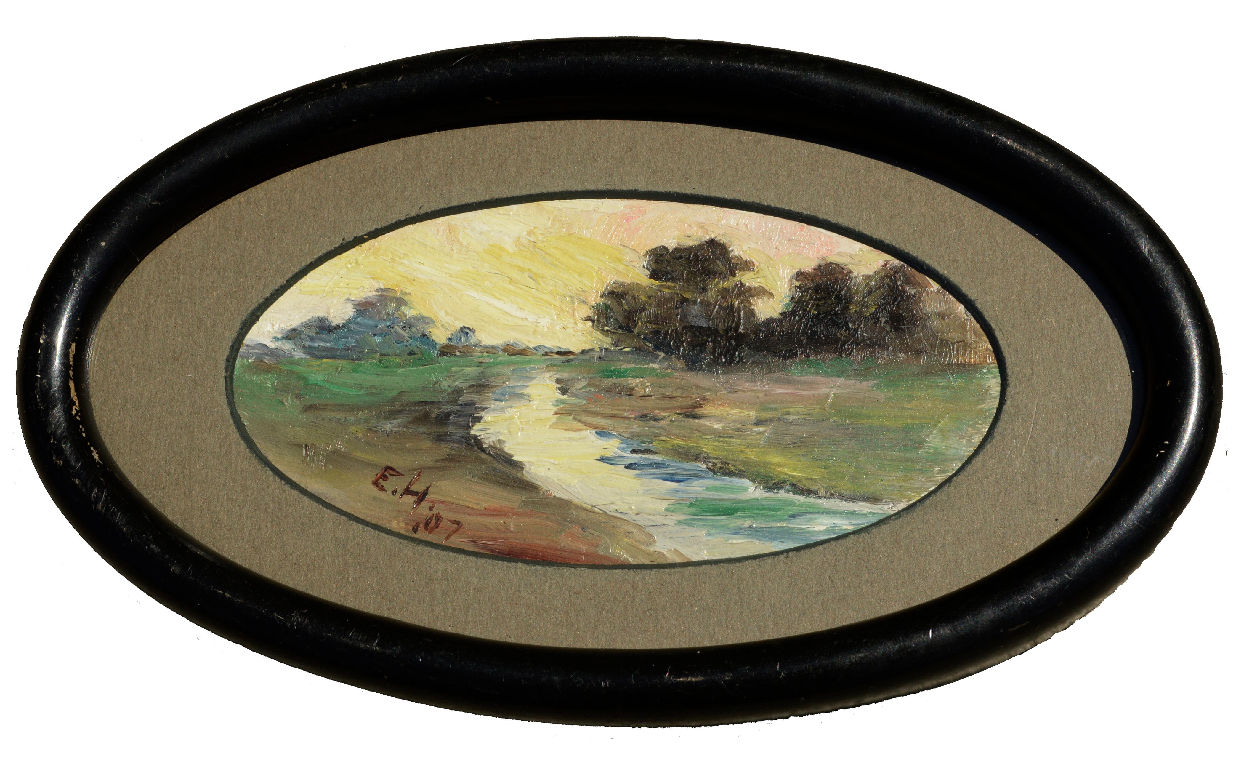 Unknown Landscape Painting - Early 20th Century Miniature Oval Landscape, San Rafael Valley Stream