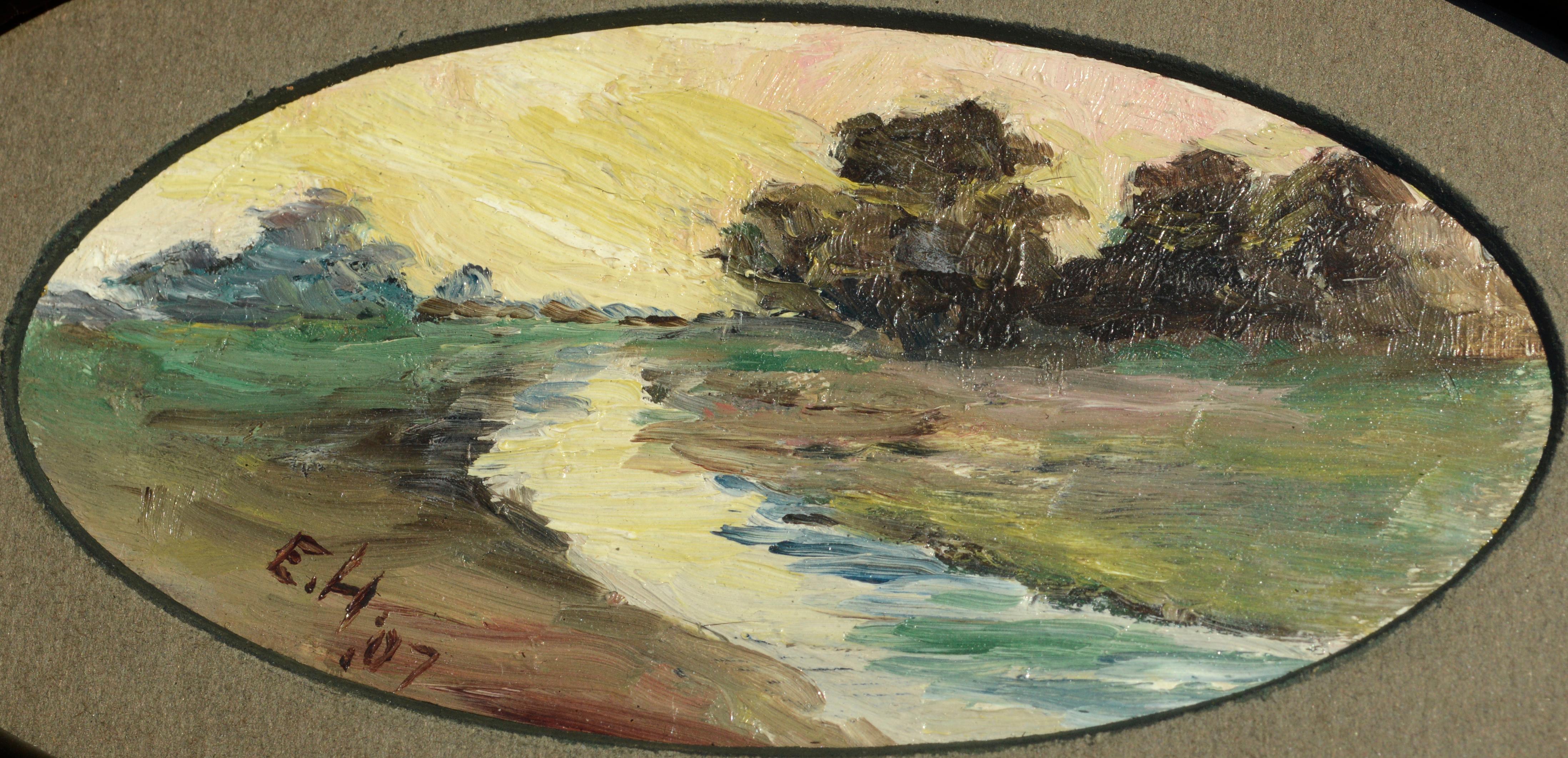 Early 20th Century Miniature Oval Landscape, San Rafael Valley Stream - Painting by Unknown