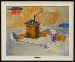 Vintage "Nature Morte", Mid Century Kitchen Still-Life with Coffee Grinder Mill & Ladle 