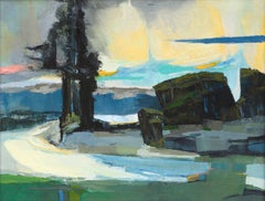 Mid Century 1960s Abstracted Color-Field Landscape with Green, Blue & Yellow