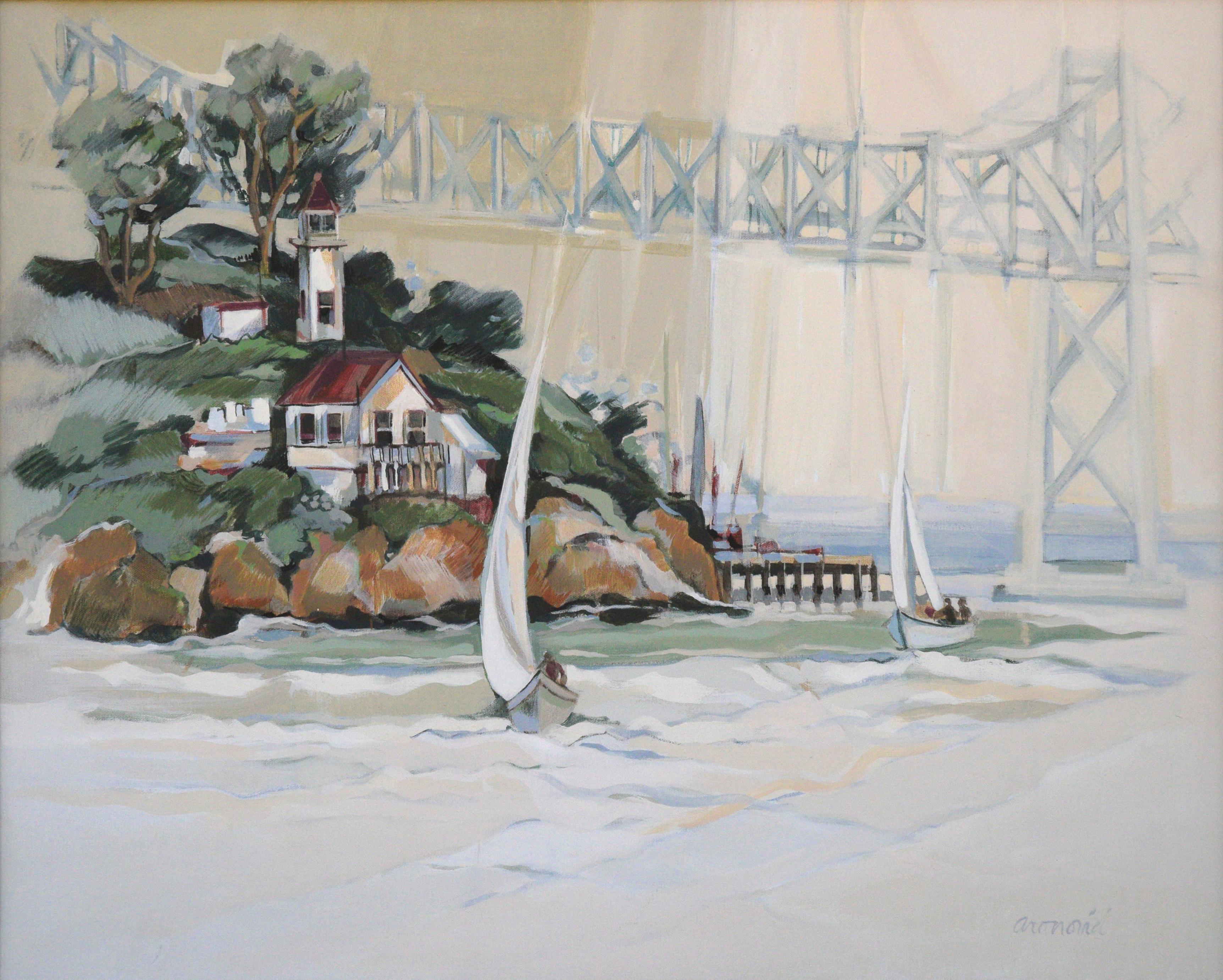 Sail Boats and Calm Water Under West Coast Bridge - Painting by Merlyn Smith Aronovici Moreno
