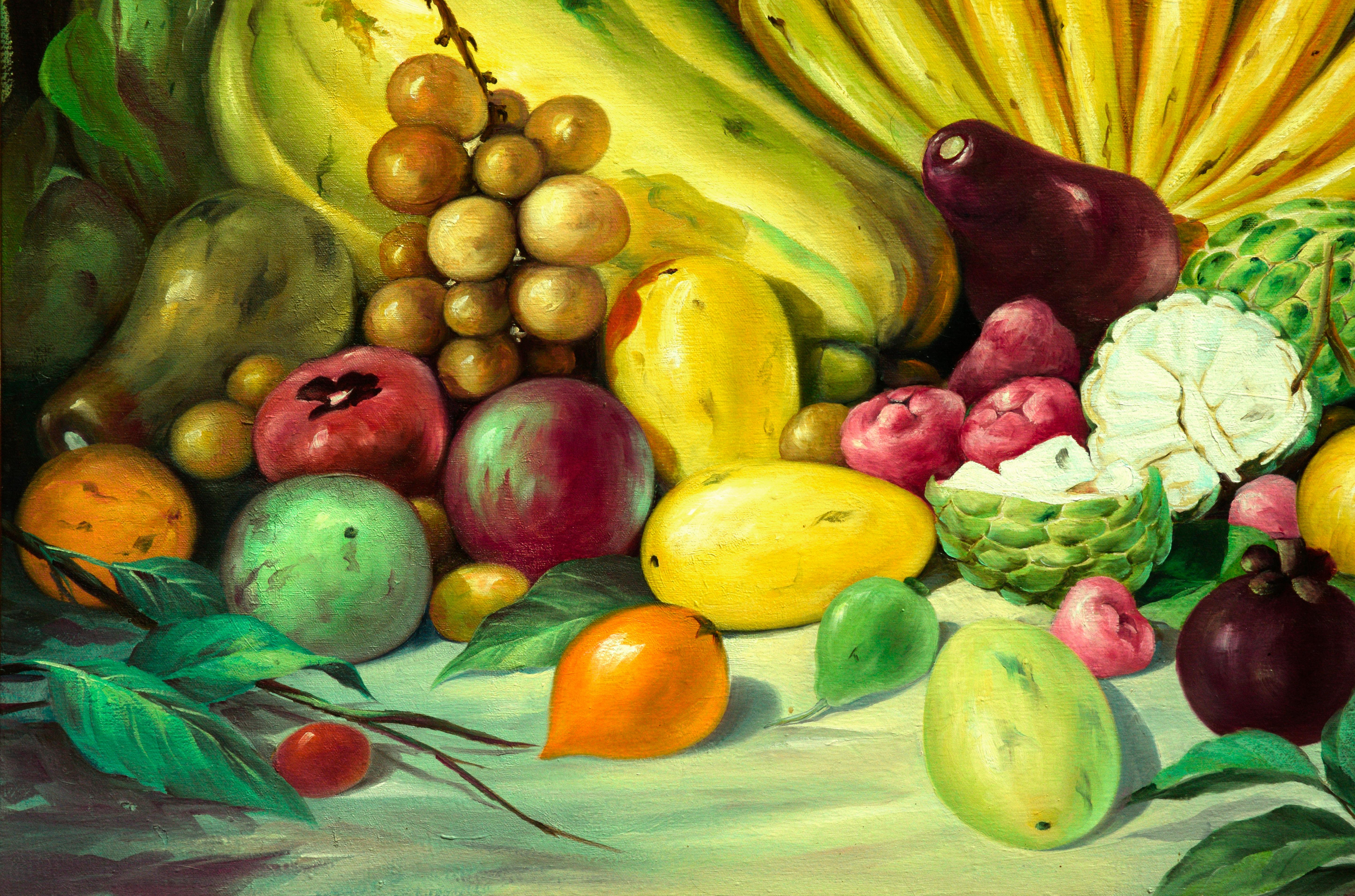 Nature morte colorée de fruits par l'artiste philippin Manuel Fernando de Palma:: (Philippines:: 20e siècle). Signé 