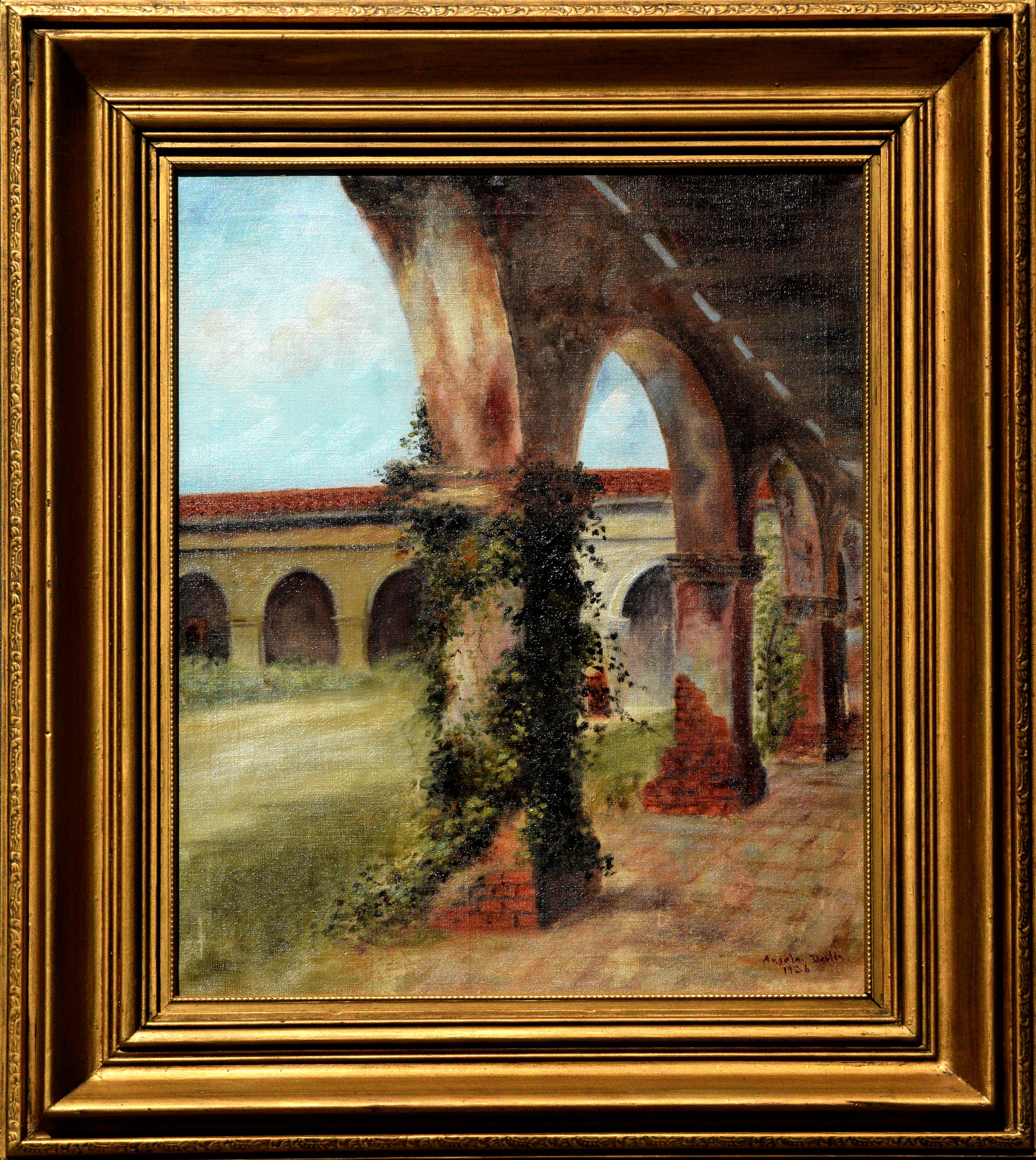 Angela Devlin Landscape Painting - 1920s California Mission San Juan Capistrano Courtyard Column Garden Landscape 