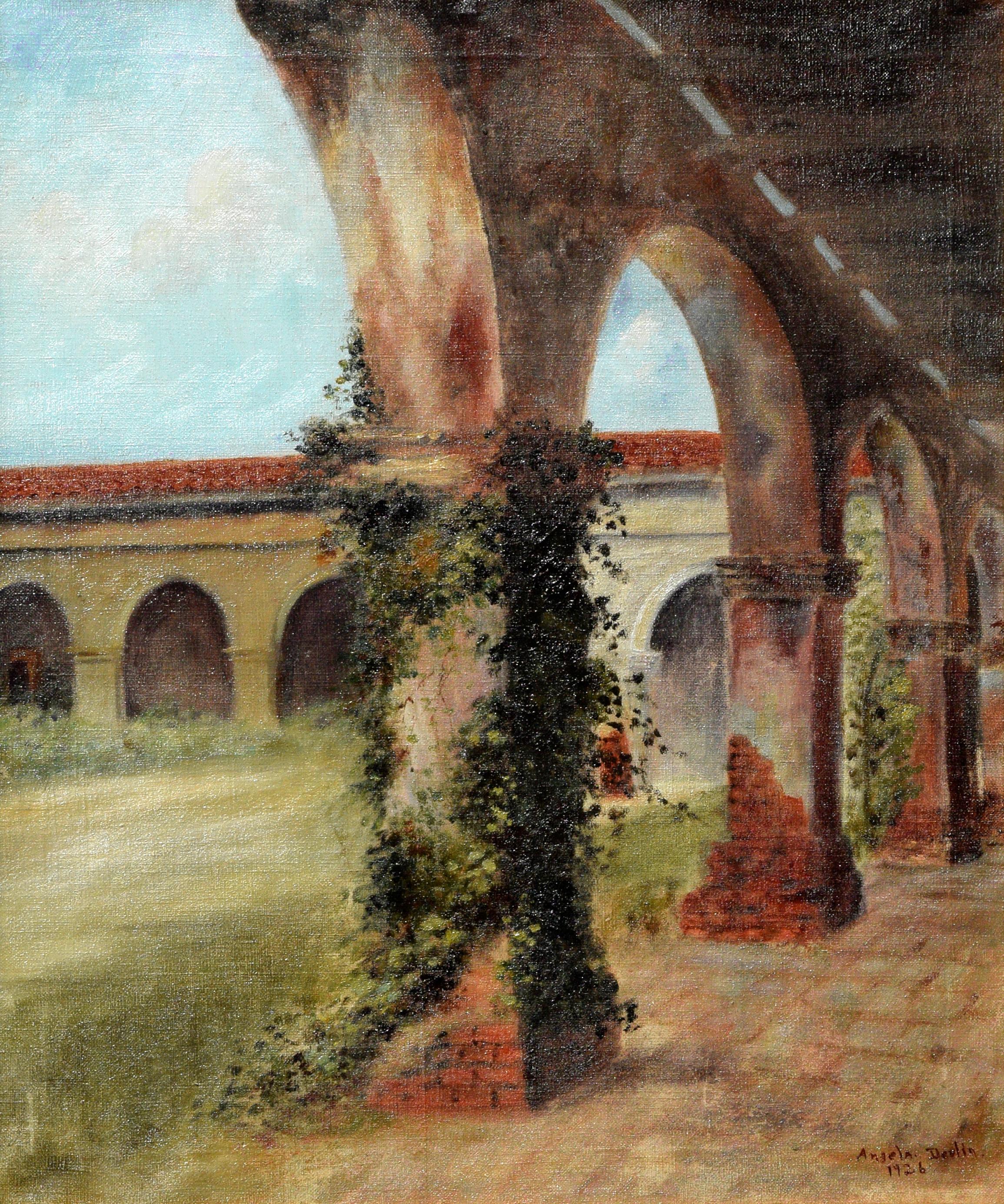 1920s California Mission San Juan Capistrano Courtyard Column Garden Landscape  - Painting by Angela Devlin