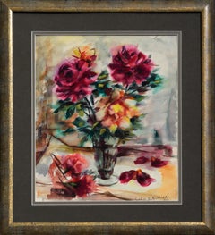 Mid Century Pink Roses Floral Bouquet Still Life Watercolor