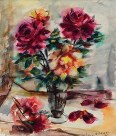 Mid Century Pink Roses Floral Bouquet Still Life Watercolor