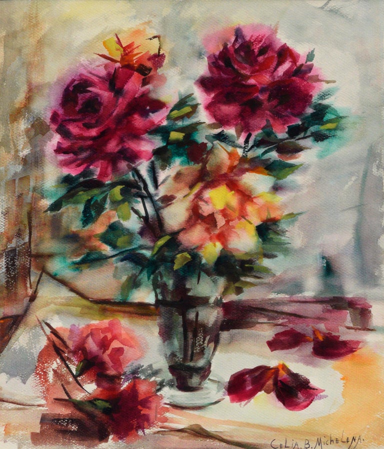 Mid Century Pink Roses Floral Bouquet Still Life Watercolor  - Art by Celia B Michelena
